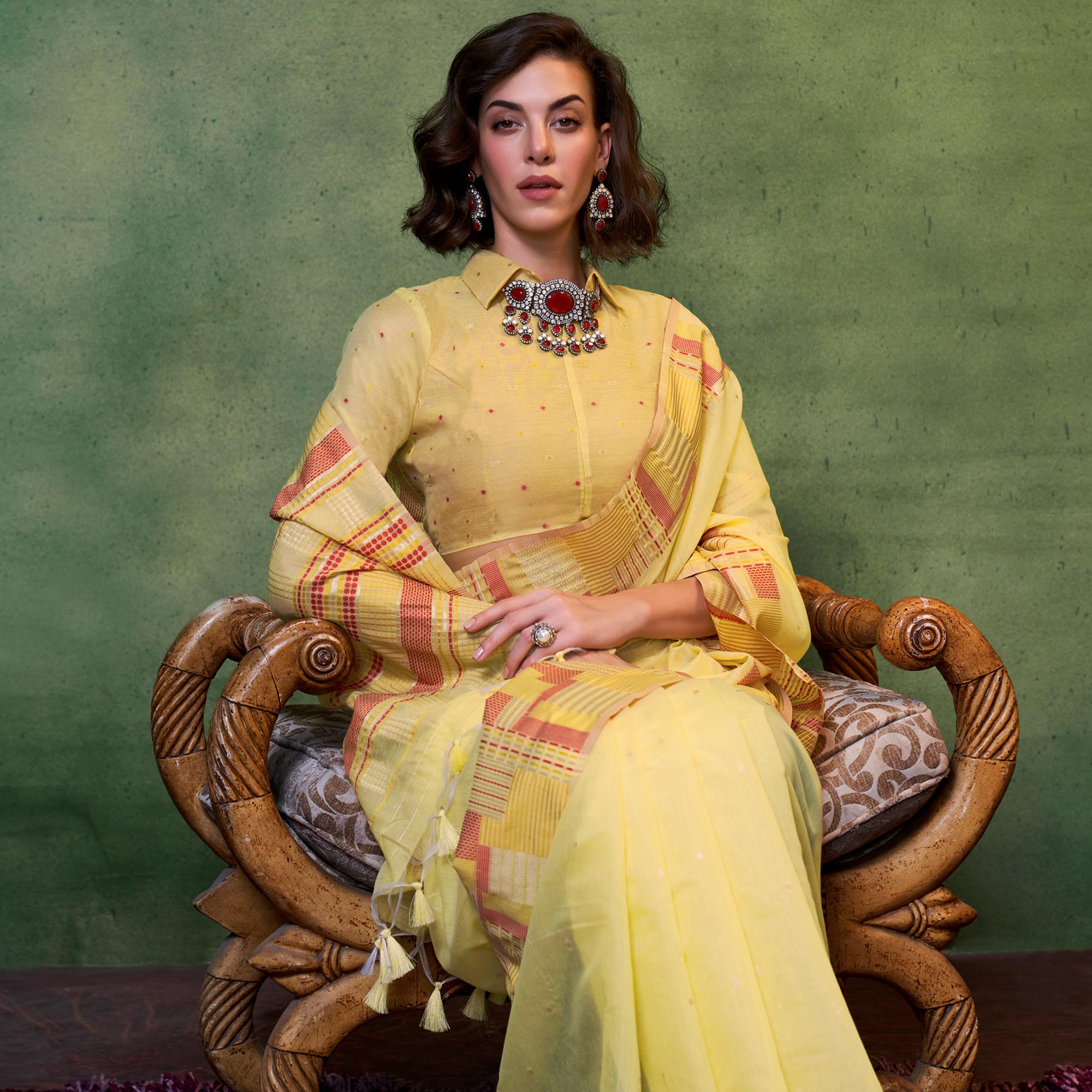 Yellow Woven Cotton Silk Saree With Tassels