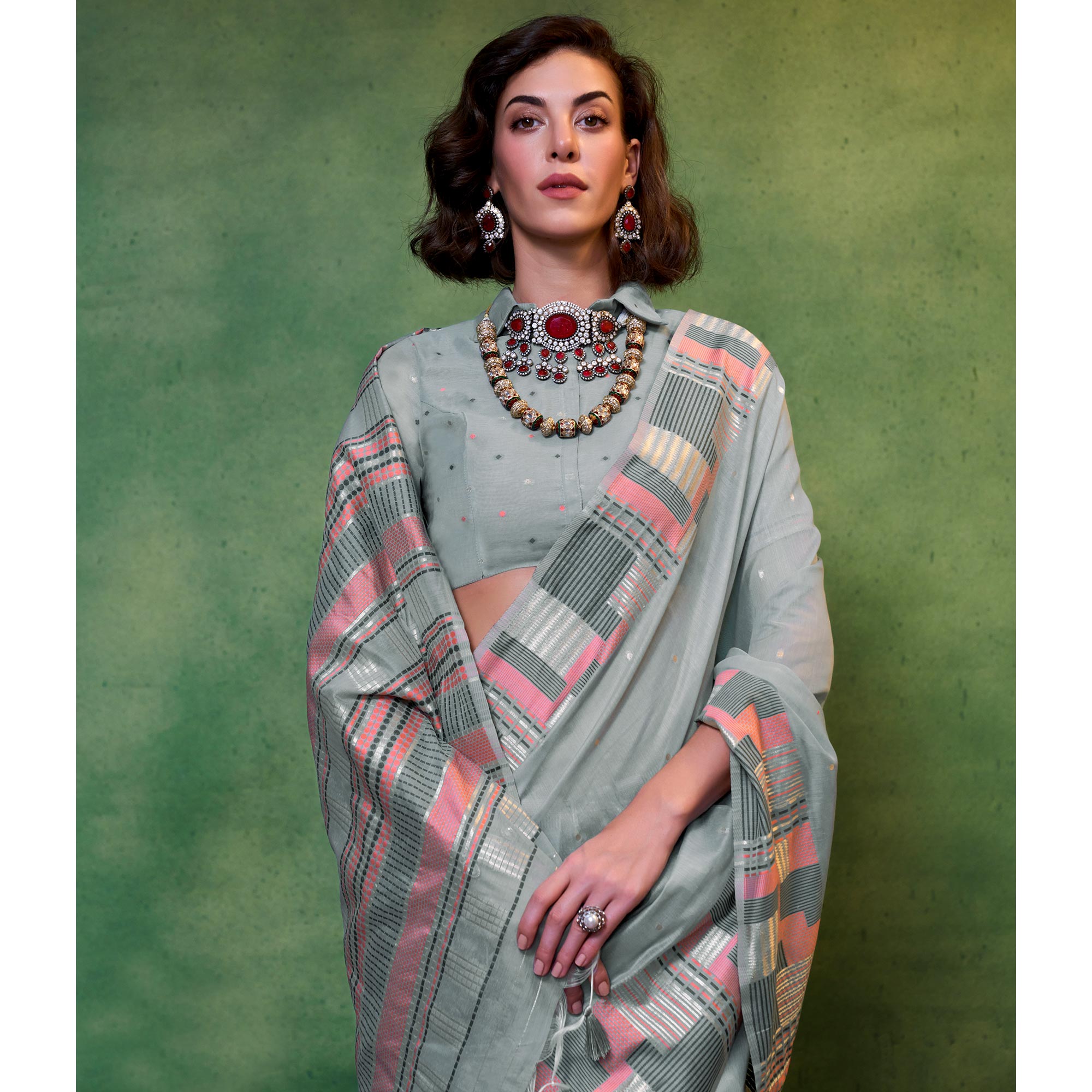 Grey Woven Cotton Silk Saree With Tassels