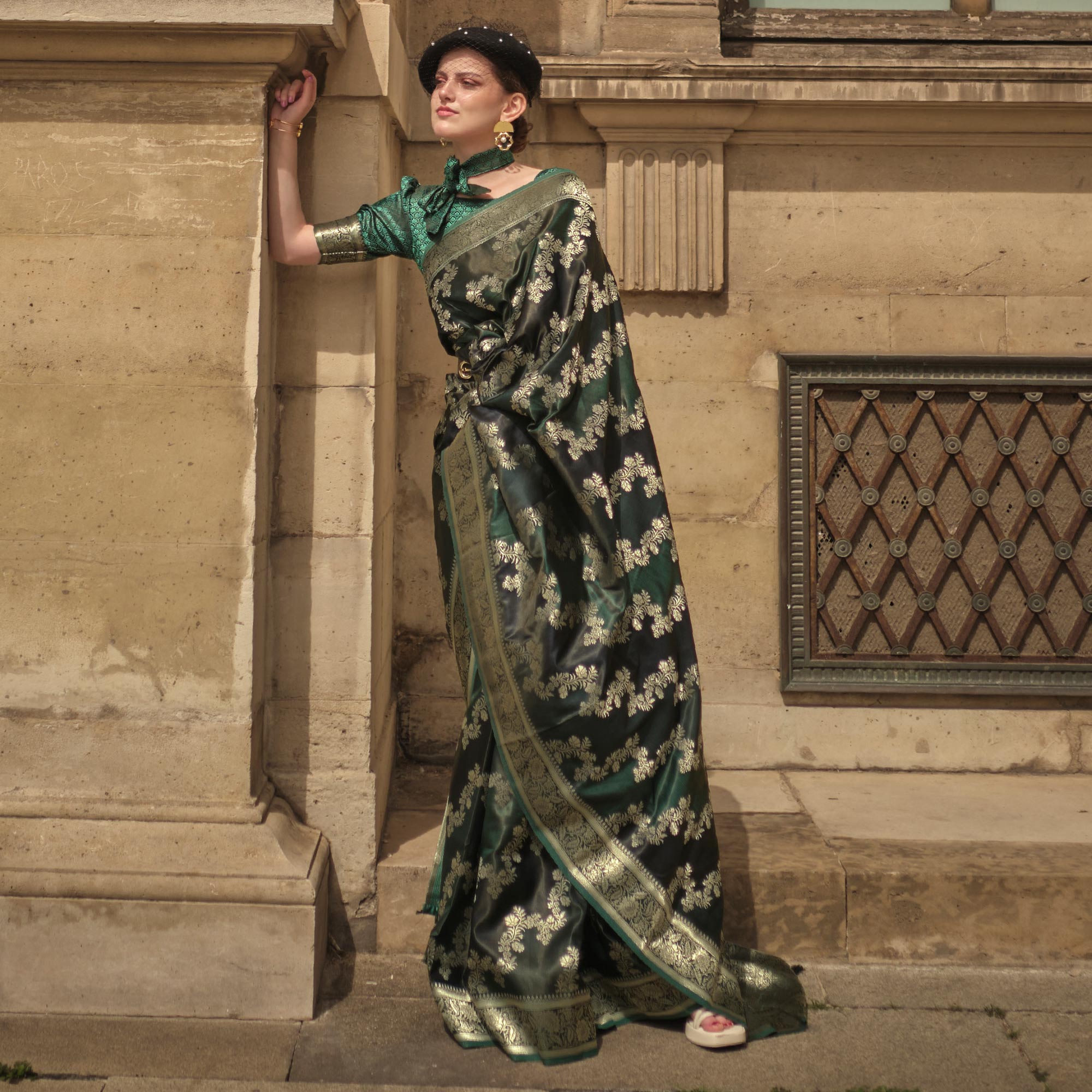 Bottle Green Floral Woven Satin Saree With Tassels