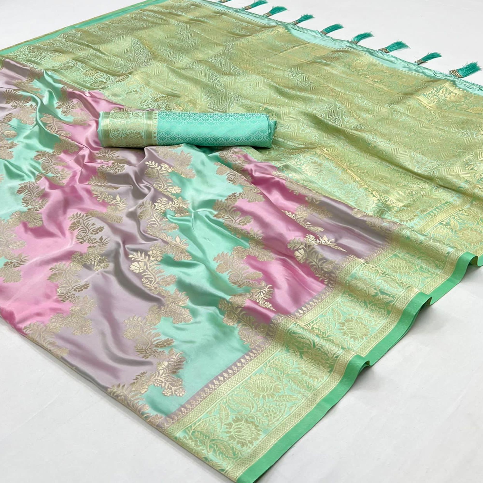 Sea Green Floral Woven Satin Saree With Tassels
