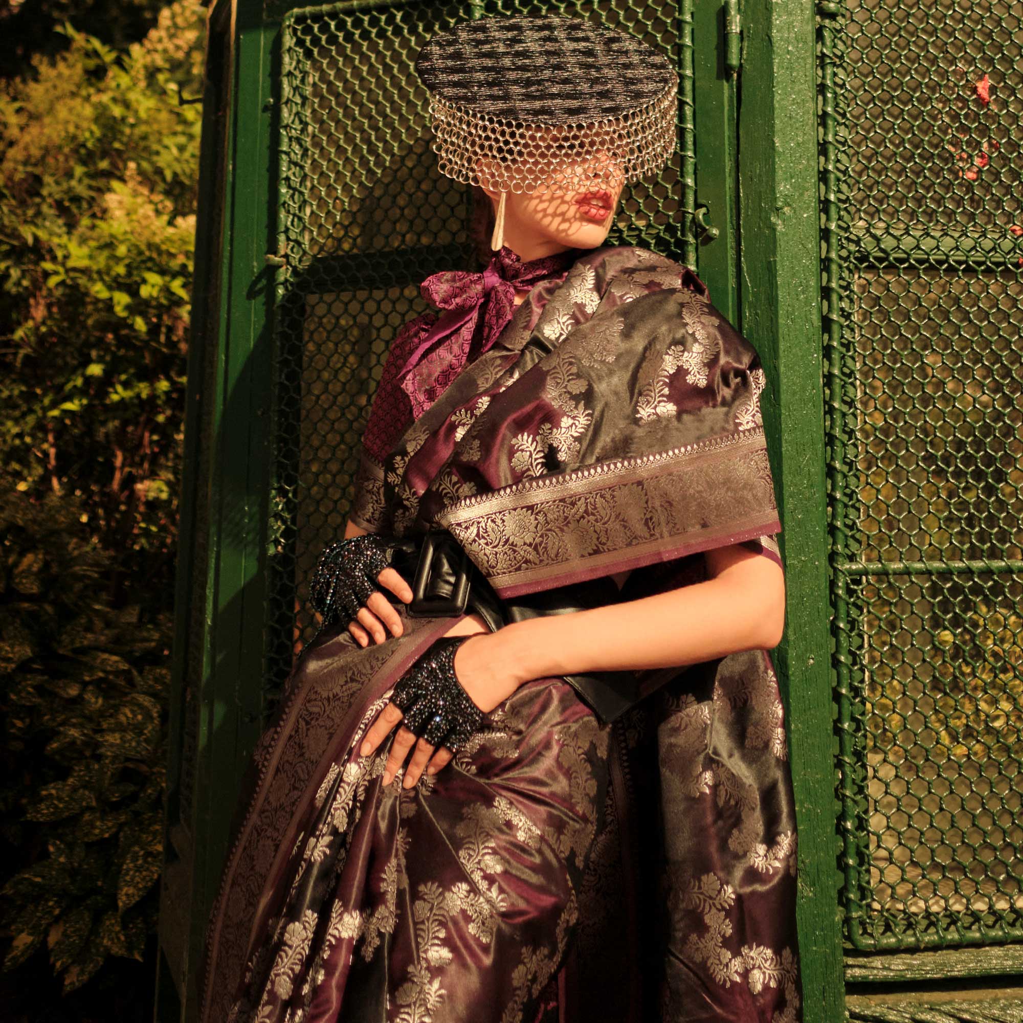 Wine Floral Woven Satin Saree With Tassels