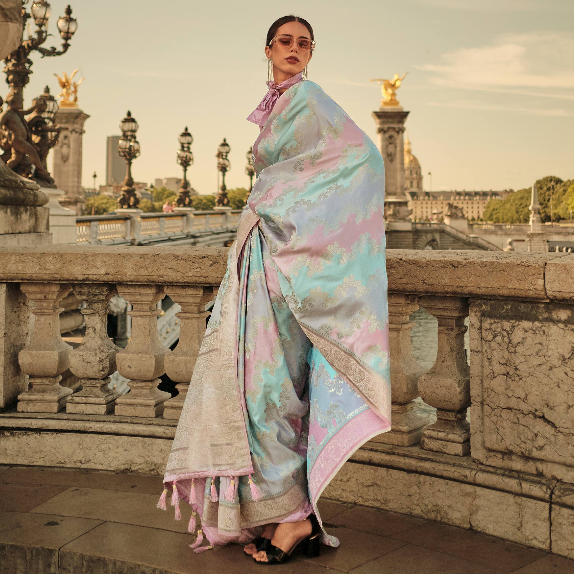 ⁠Pink Floral Woven Satin Saree With Tassels