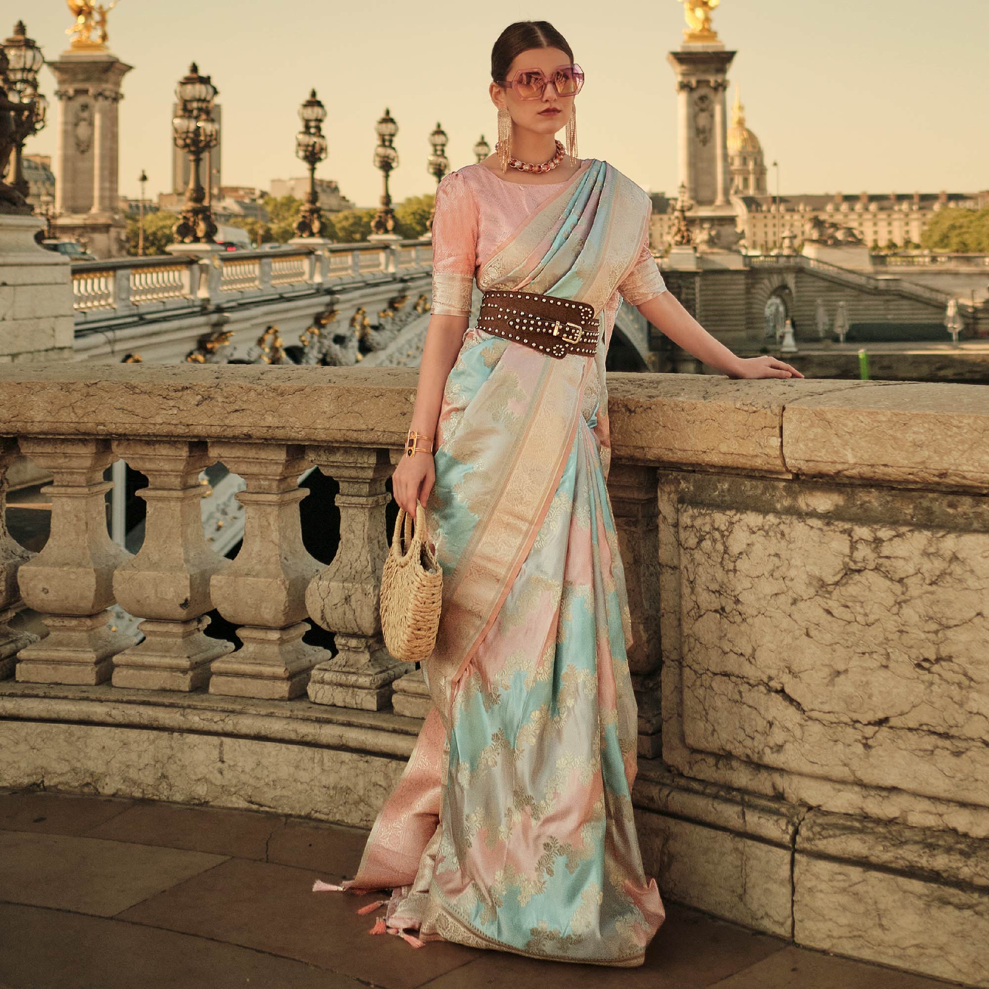 ⁠Peach Floral Woven Satin Saree With Tassels