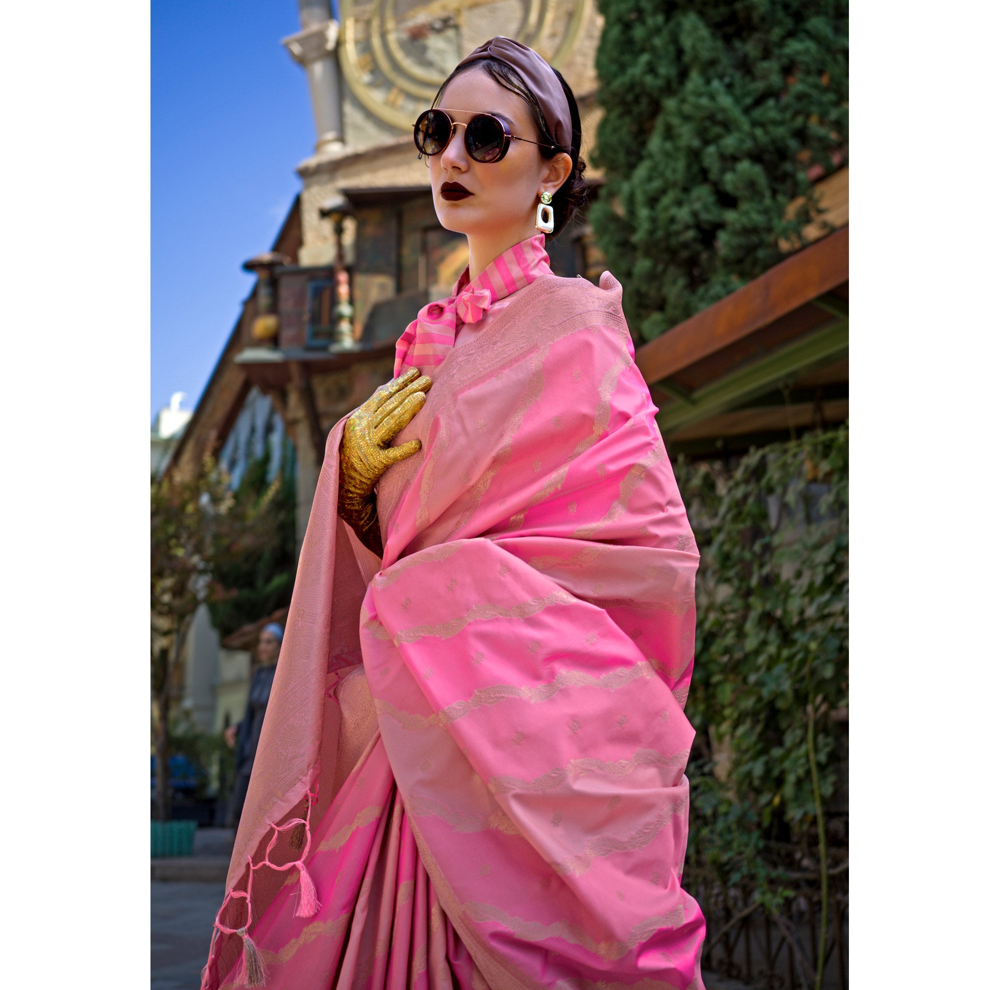 Peach Zari Work Woven Mulberry Silk Saree