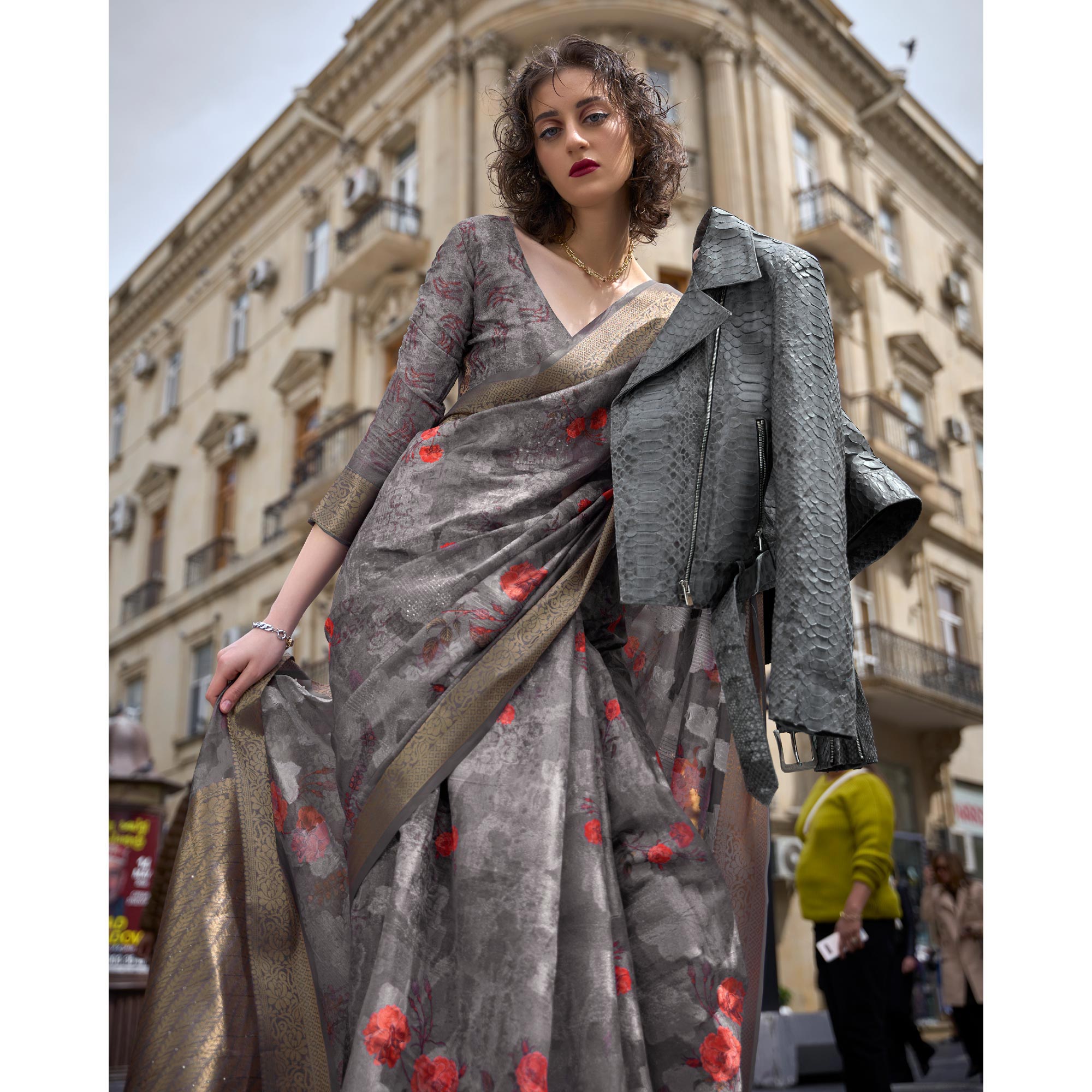 Grey Floral Woven Brasso Saree With Tassels
