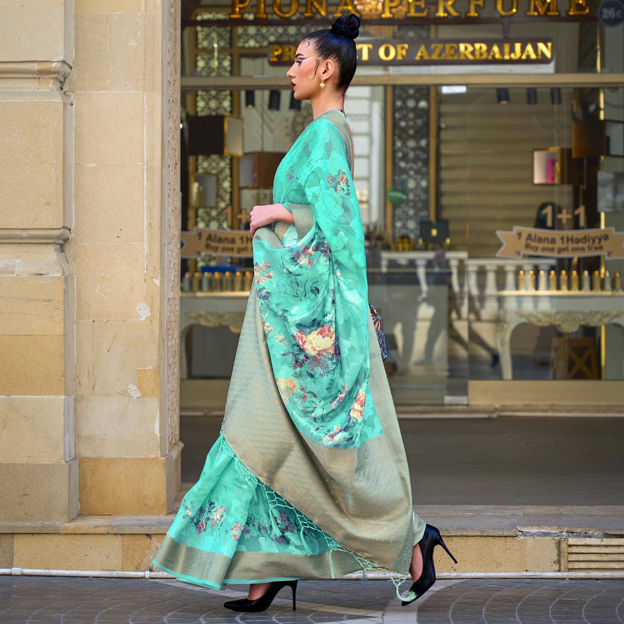 Pista Green Floral Woven Brasso Saree With Tassels