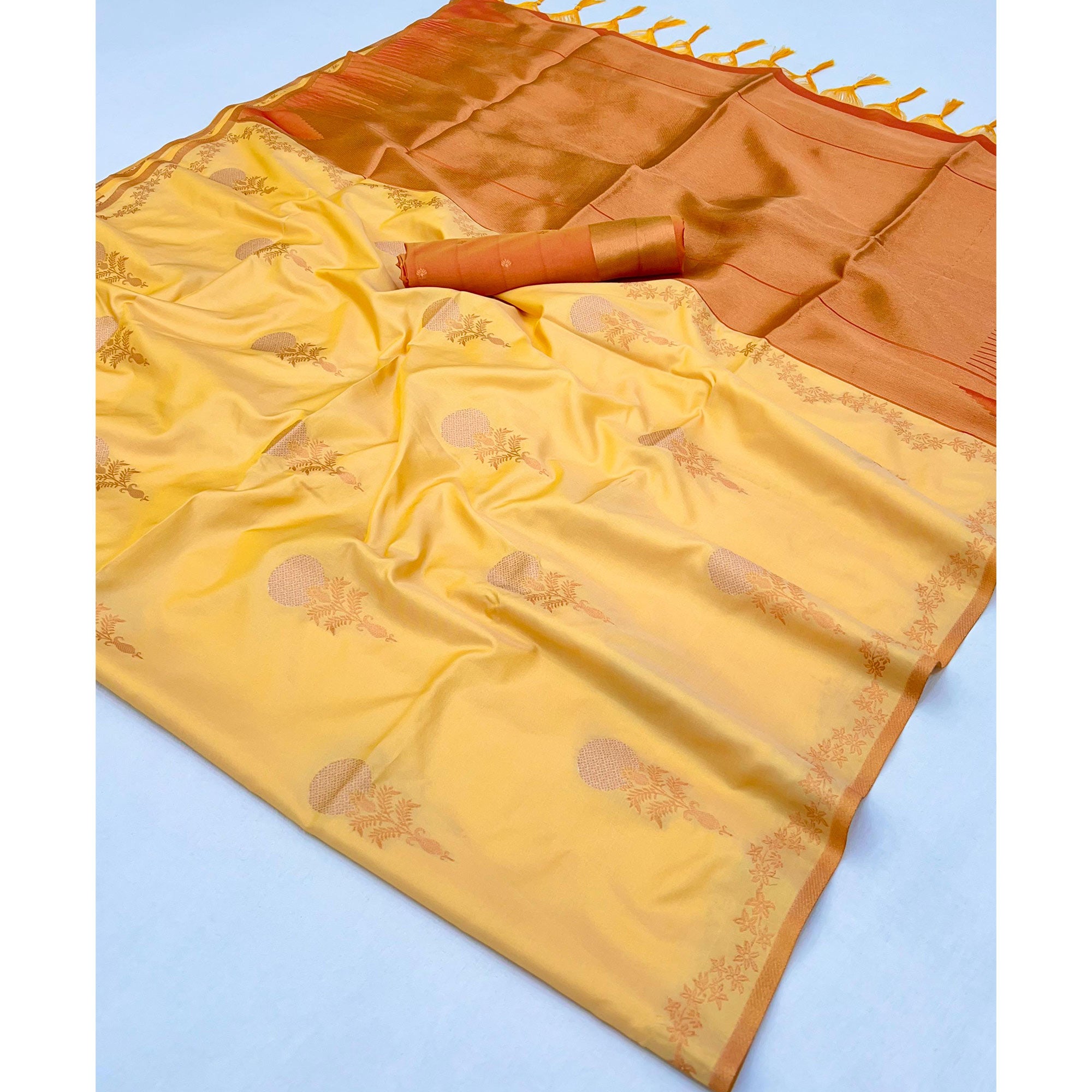 Yellow Banarasi Silk Saree with Floral Zari Weaving