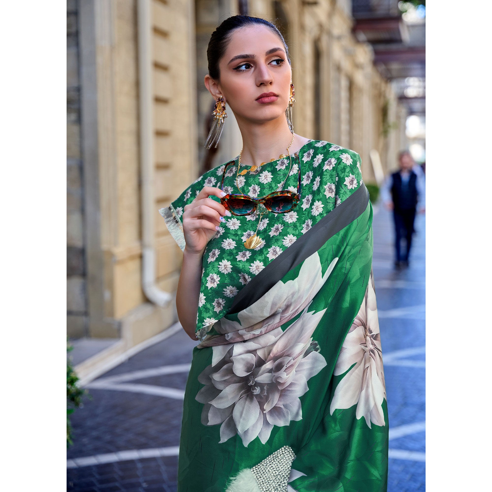 Green Digital Printed Satin Saree