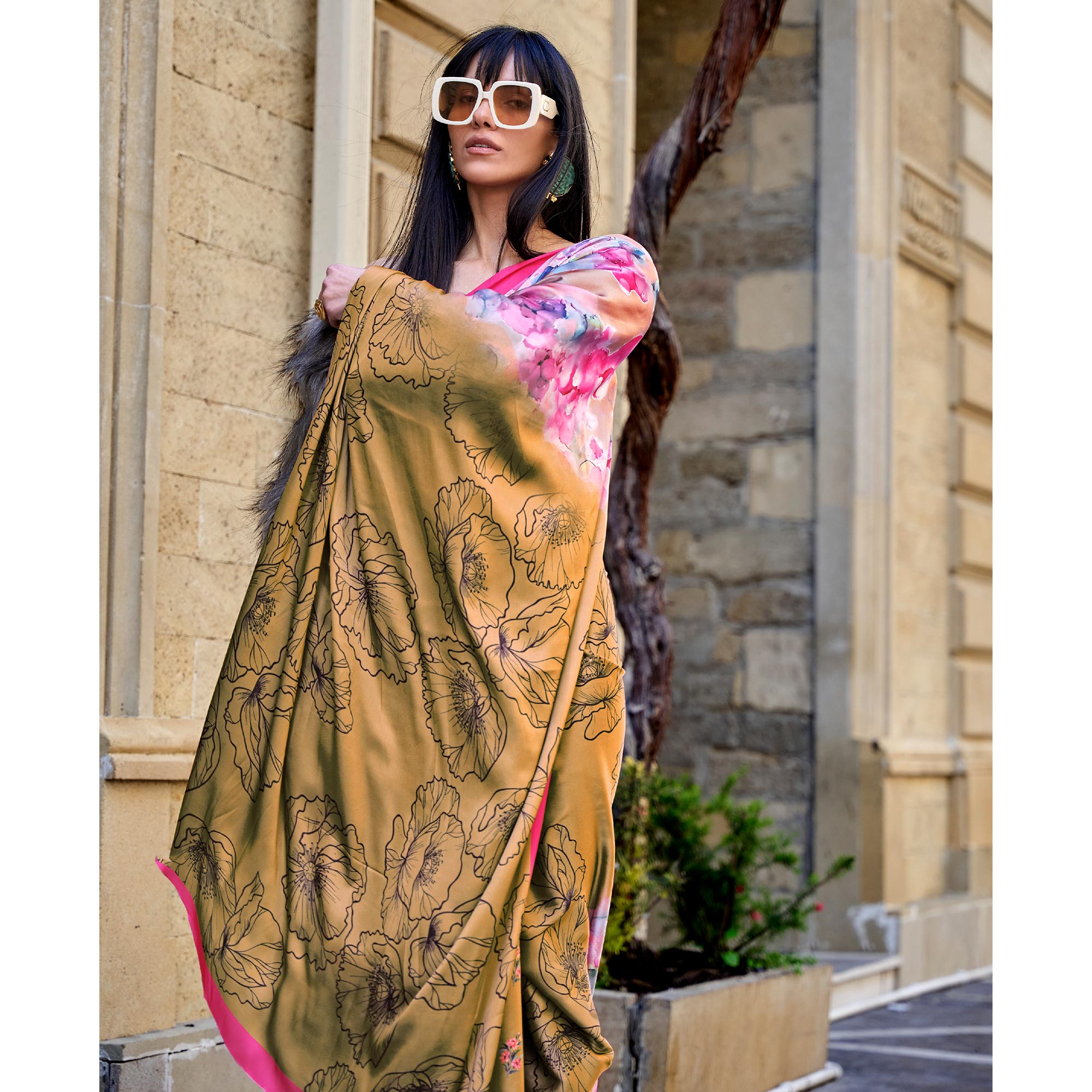 Chikoo Digital Printed Satin Saree