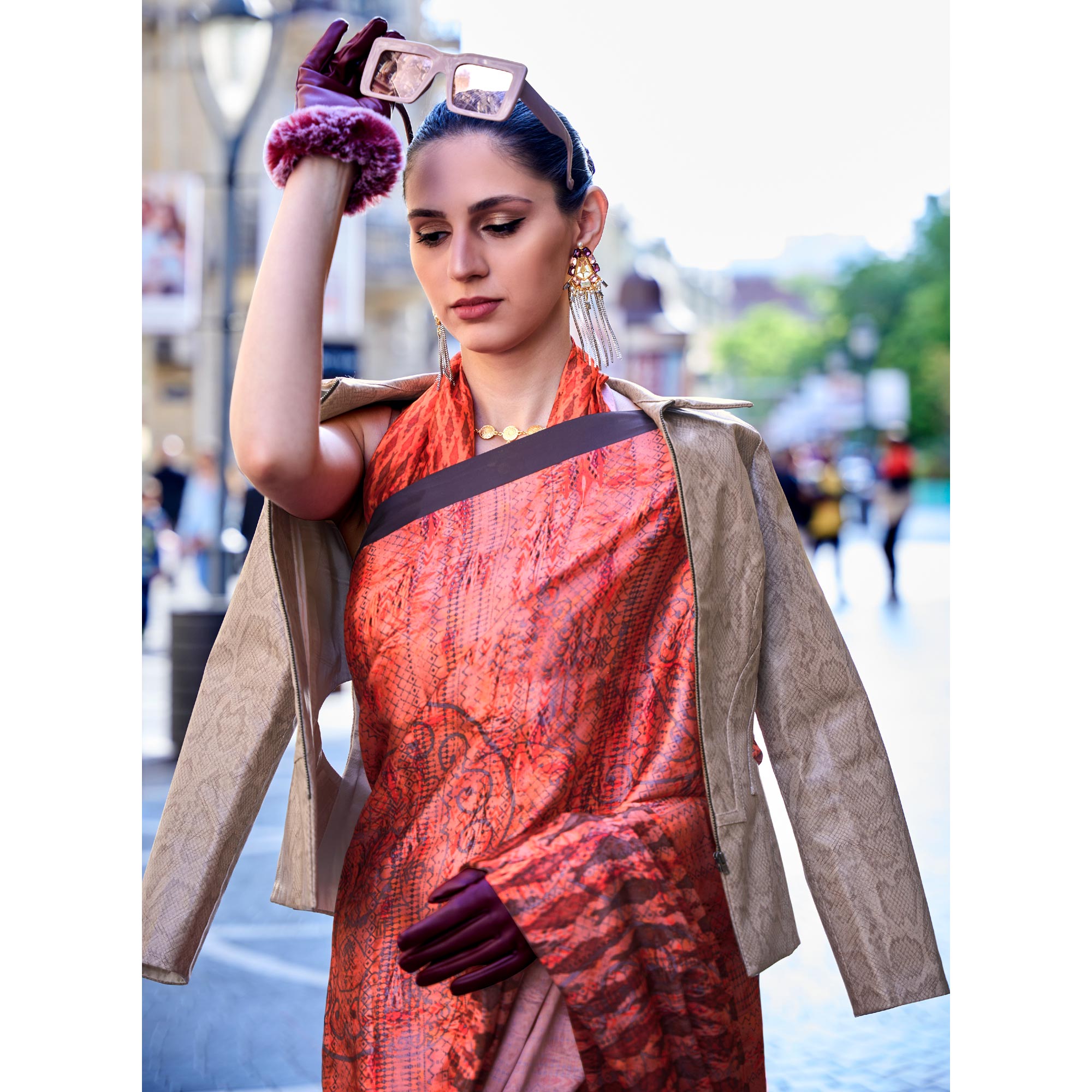 Peach Digital Printed Satin Saree