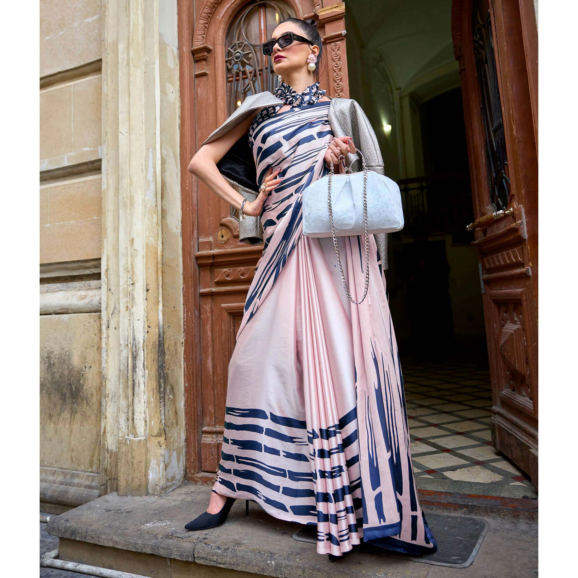 Pink Printed Satin Saree