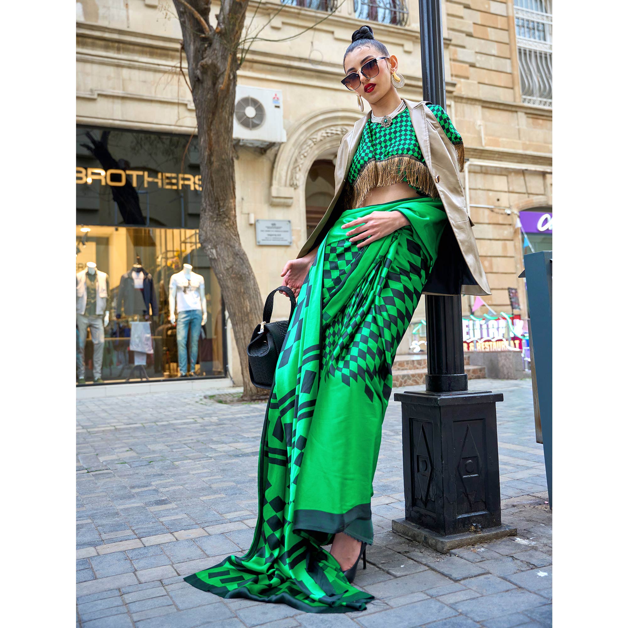 Green Printed Satin Saree