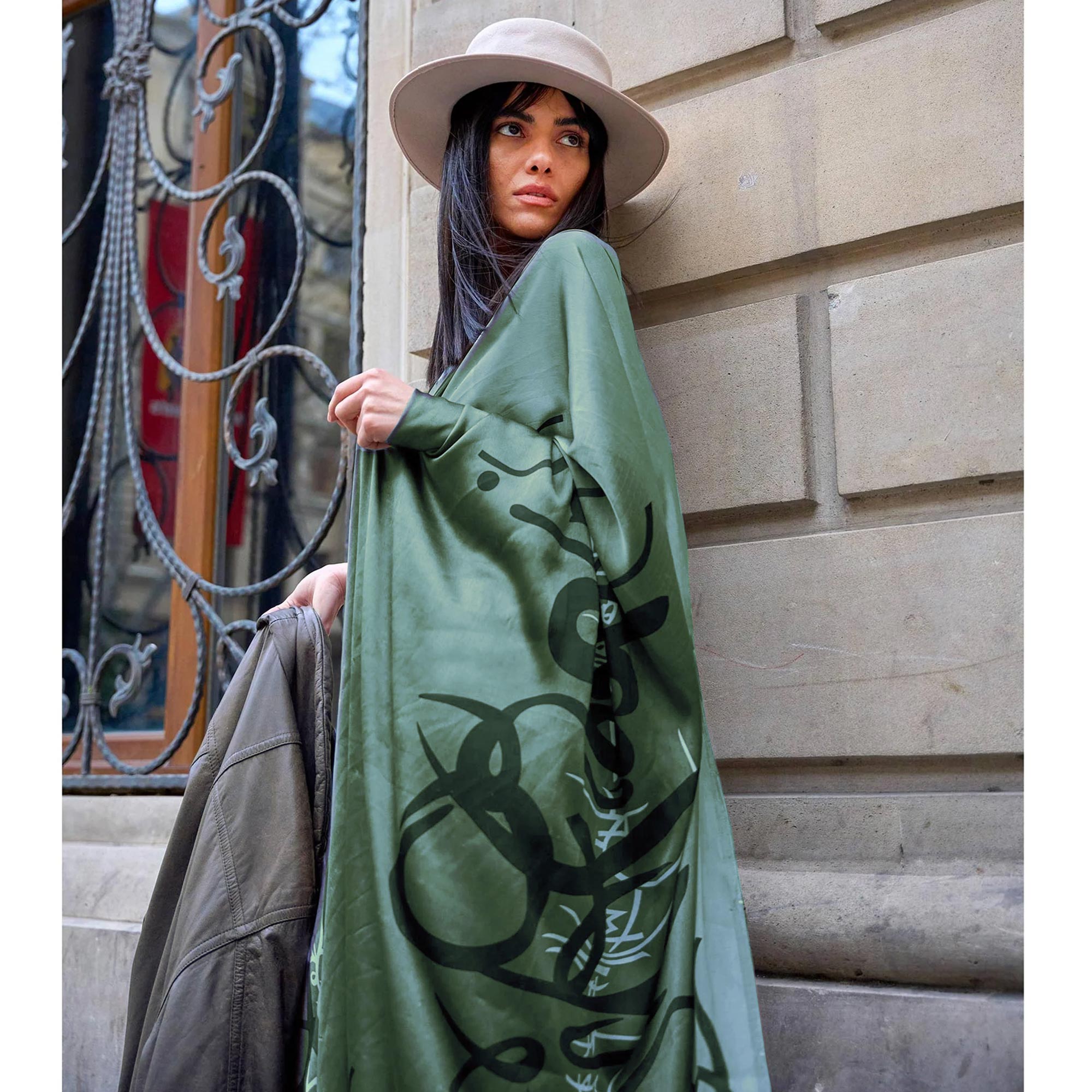 Green Printed Satin Saree