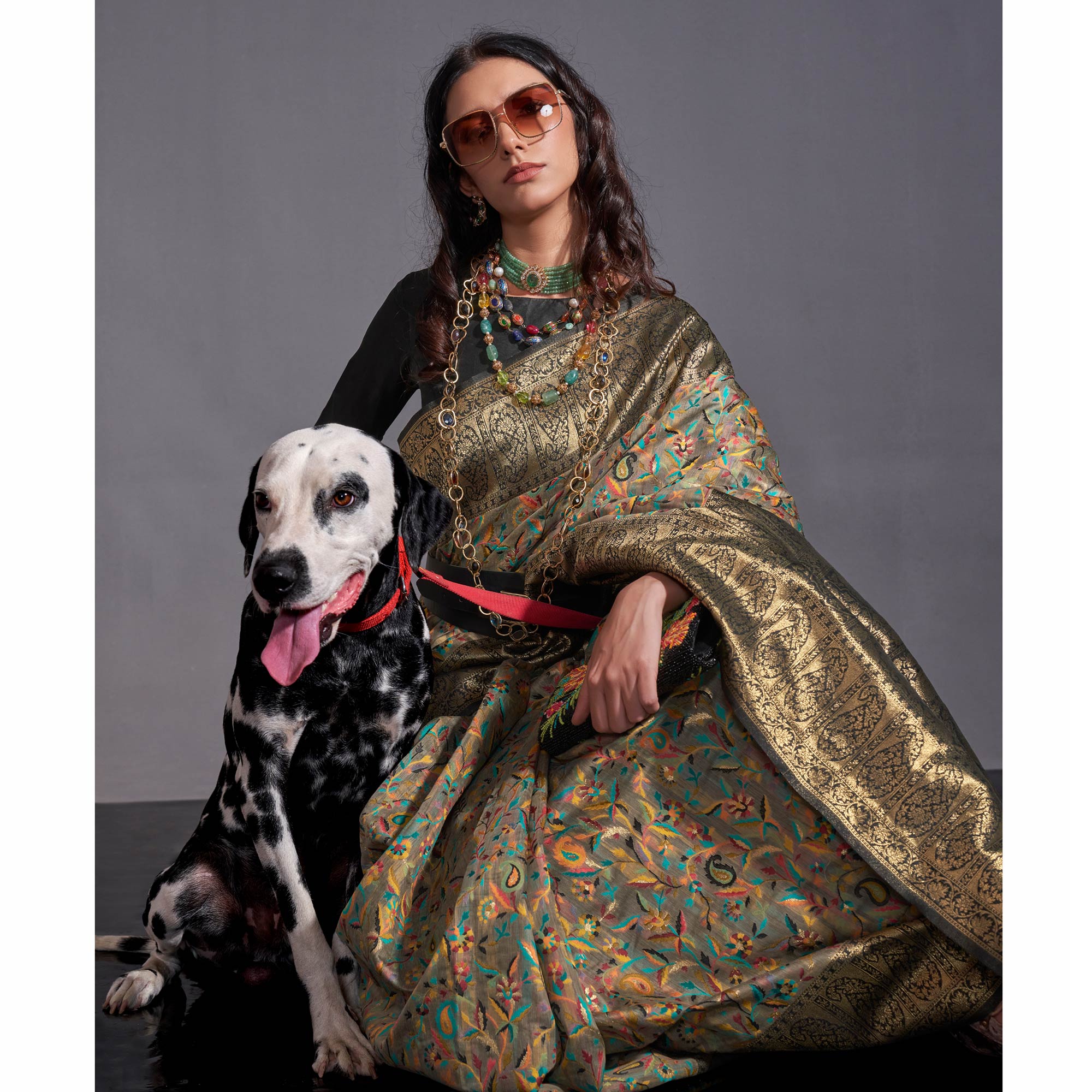 Grey Floral Woven Chanderi Silk Saree