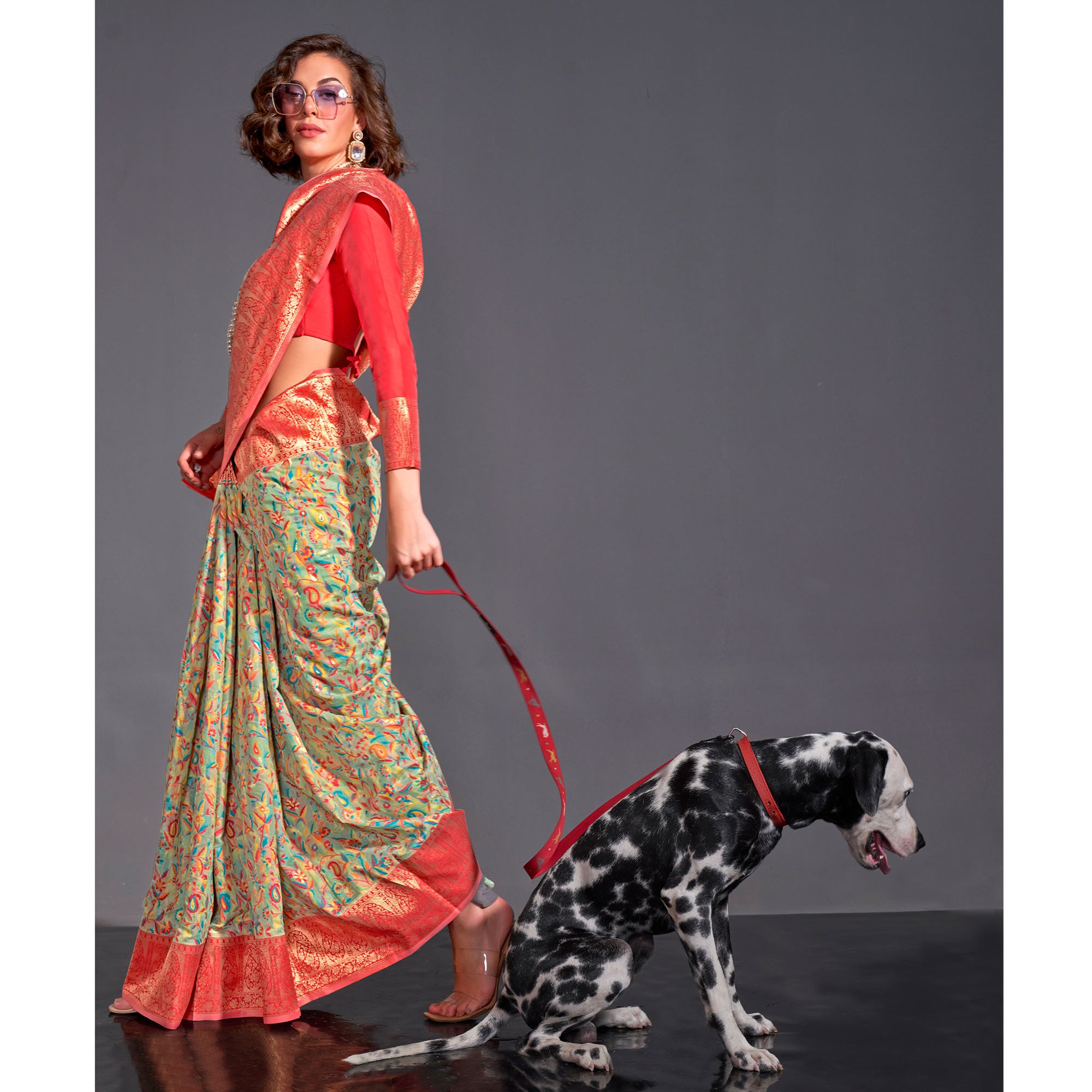 Pista Green Floral Woven Chanderi Silk Saree