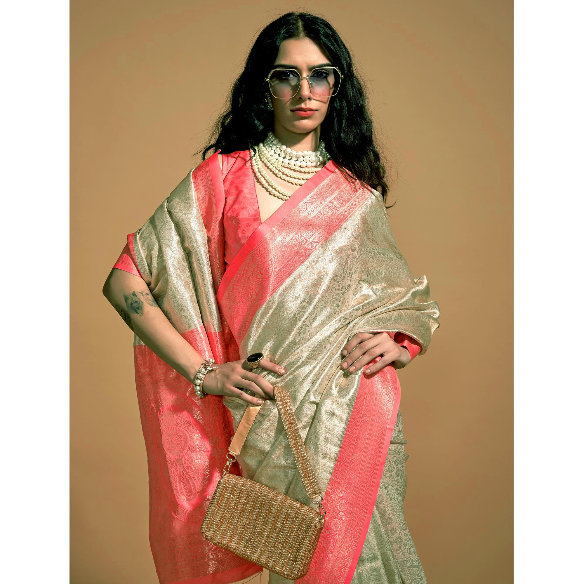 Peach Floral Woven Kanjivaram Silk Saree