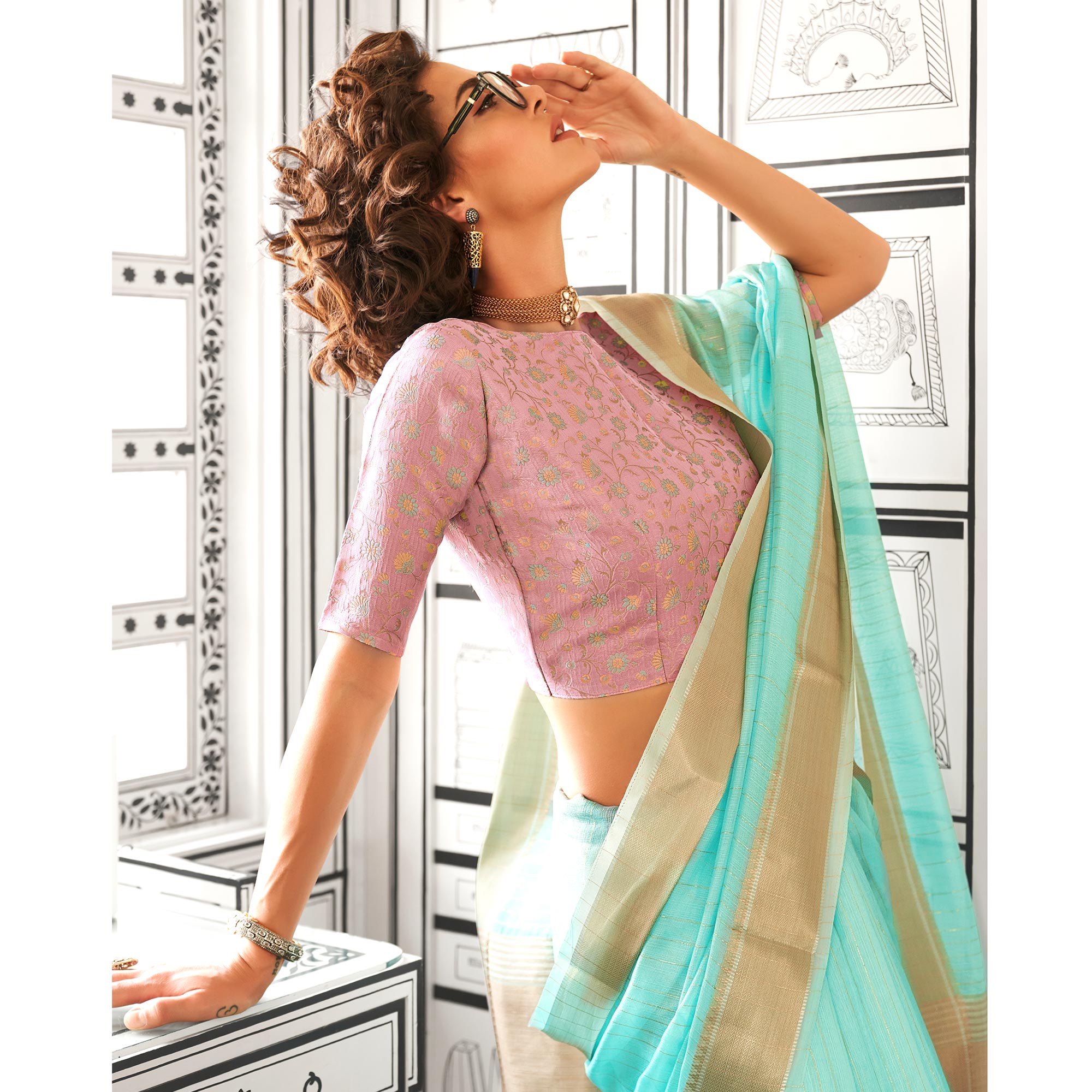 Turquoise Woven Zari Chiffon Saree