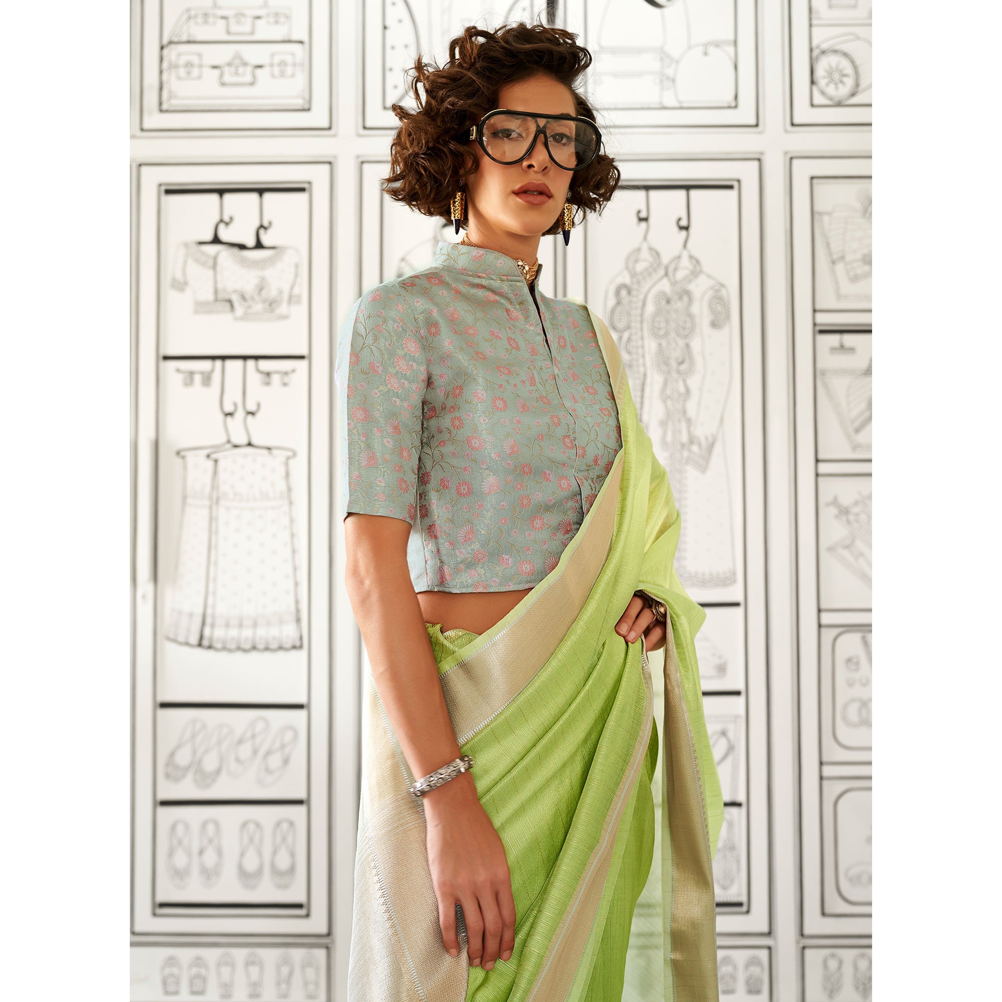 Green Woven Zari Chiffon Saree