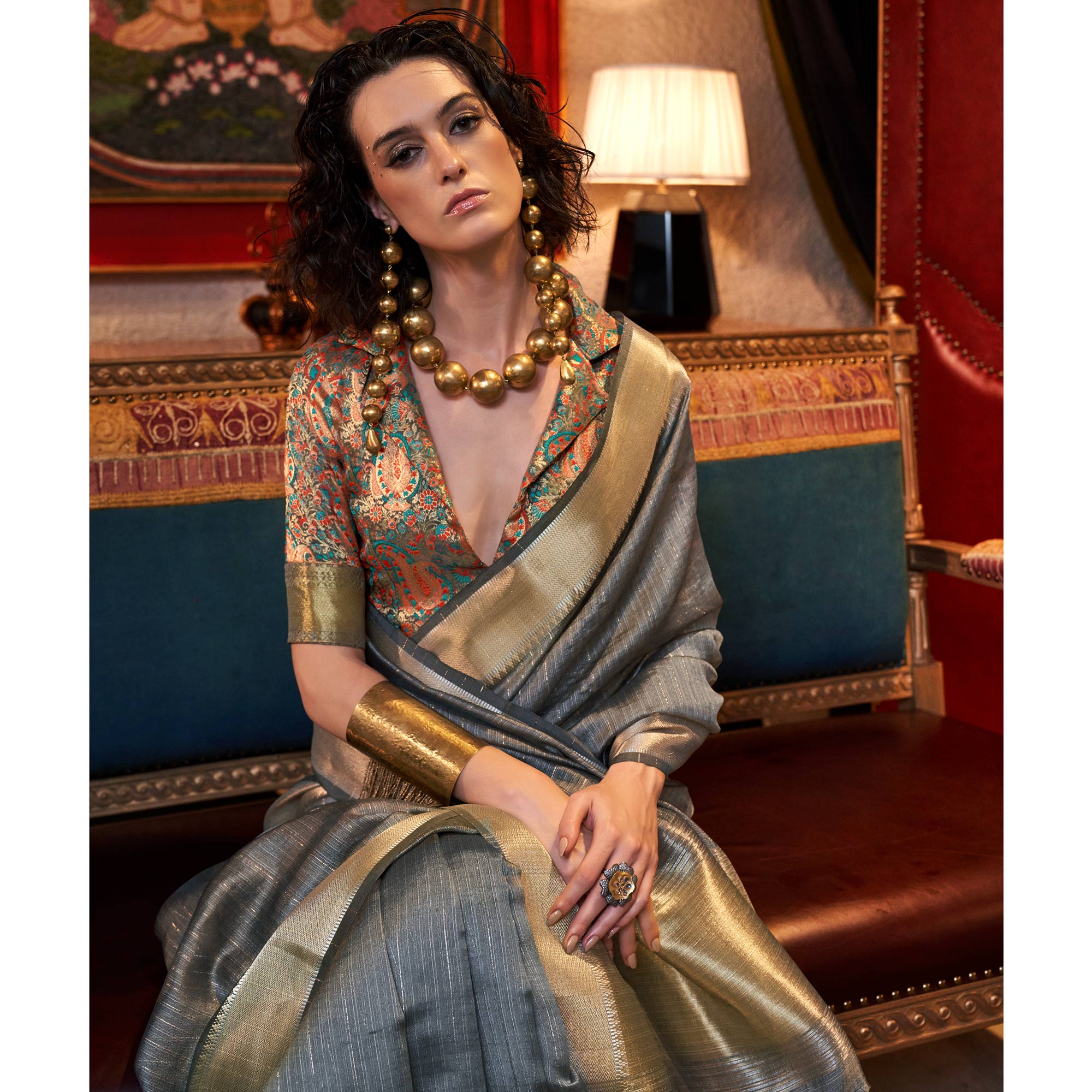 Grey Handloom Woven Chiffon Saree