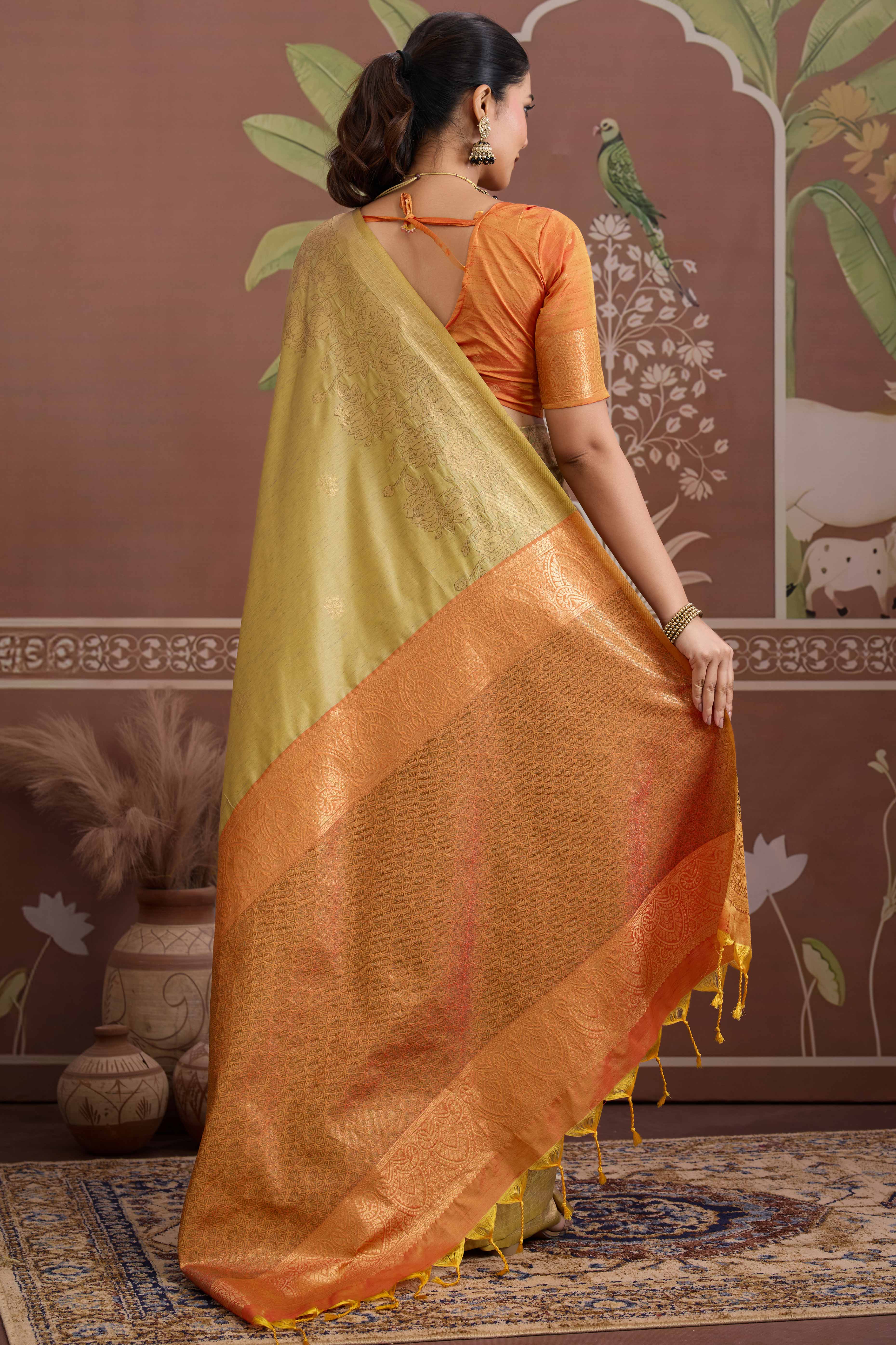 Luxury Gold Pichwai Style Saree in Silk Blend with Intricate Zari Work