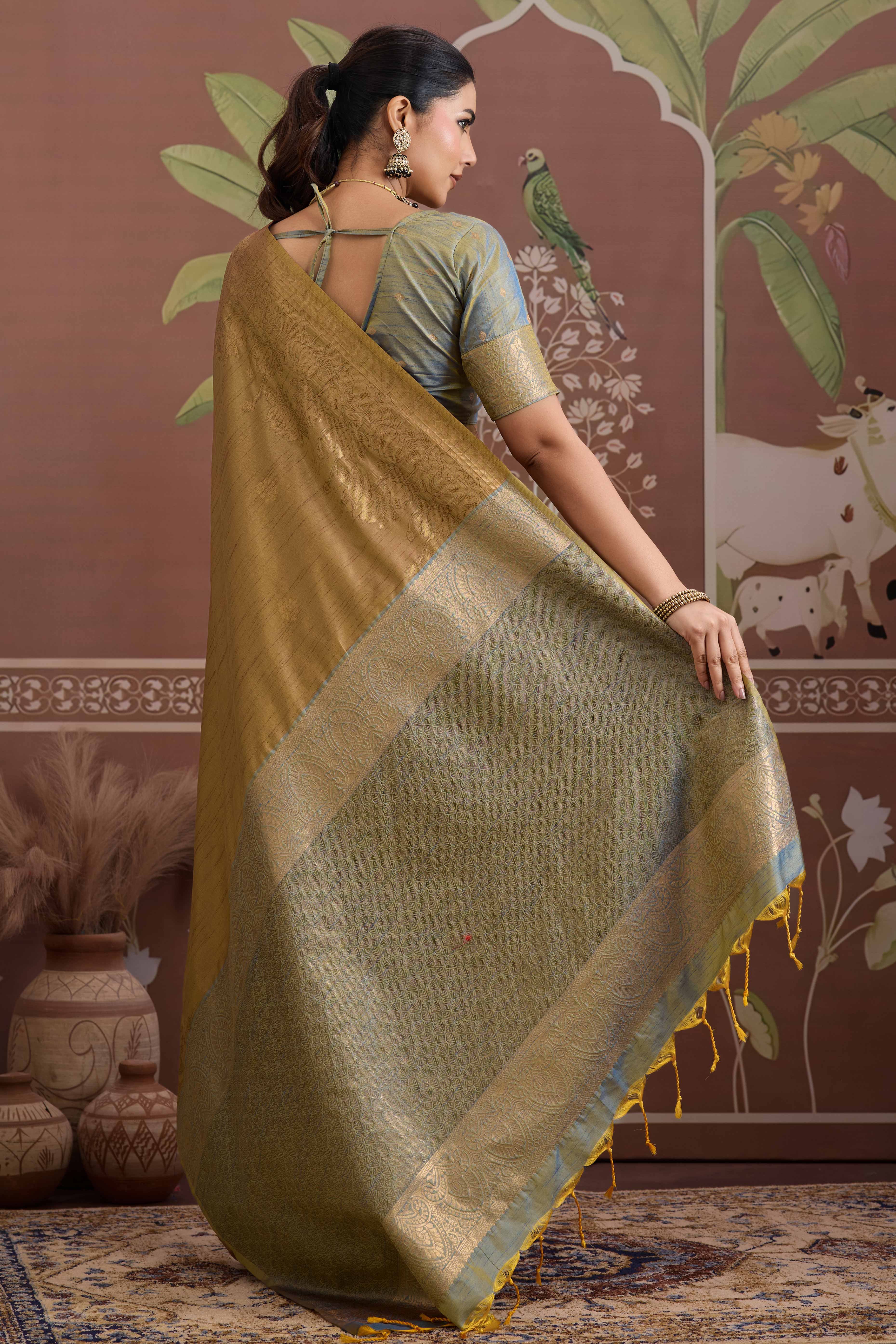 Luxury Brownish Gold Pichwai Style Saree in Silk Blend with Intricate Zari Work