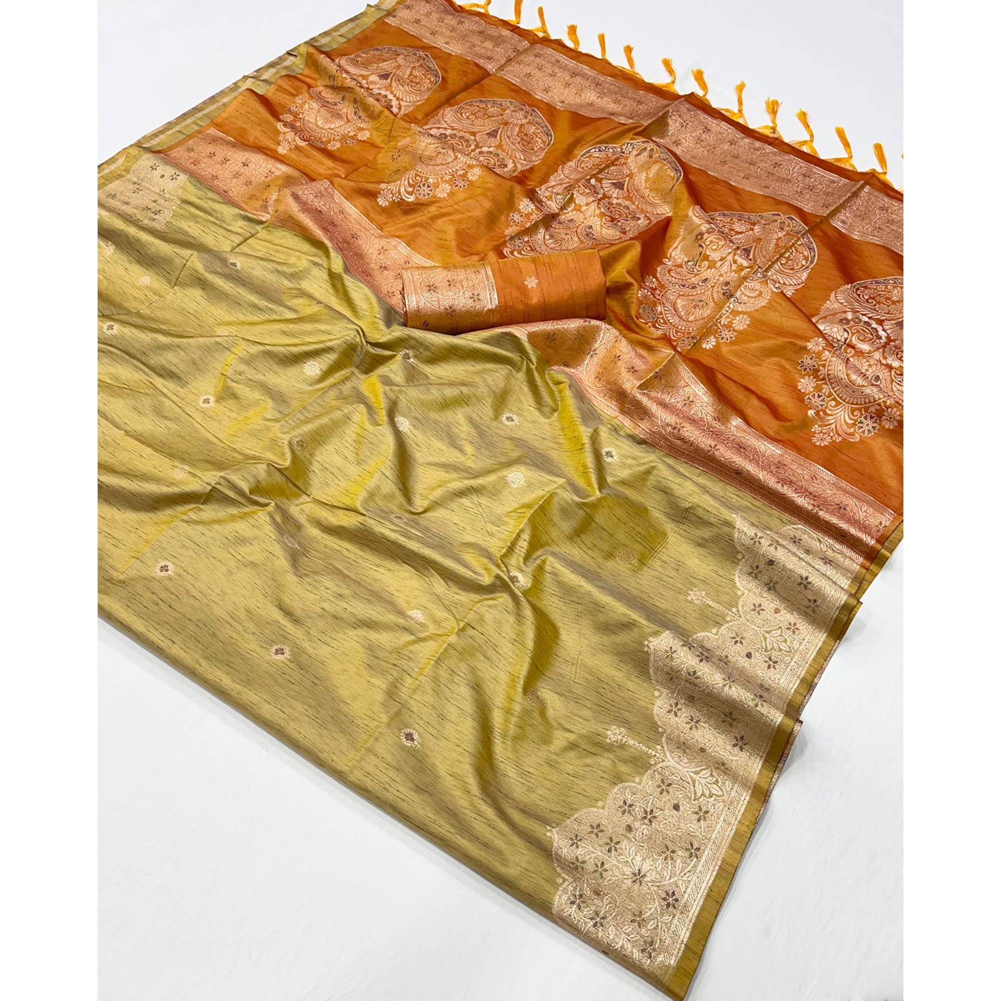 Beige Floral Zari Woven Tussar Silk Saree