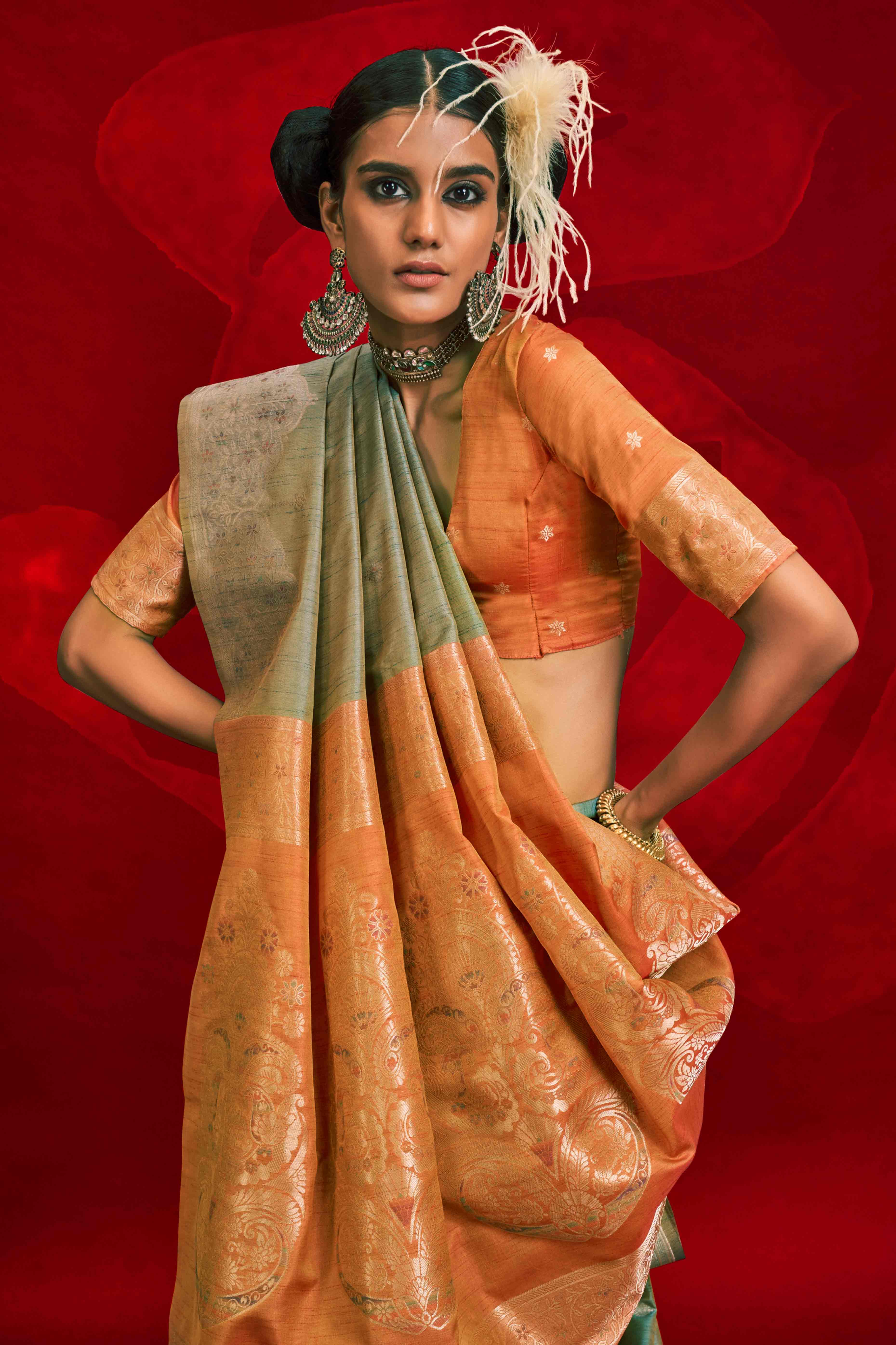 Grey Floral Zari Woven Tussar Silk Saree