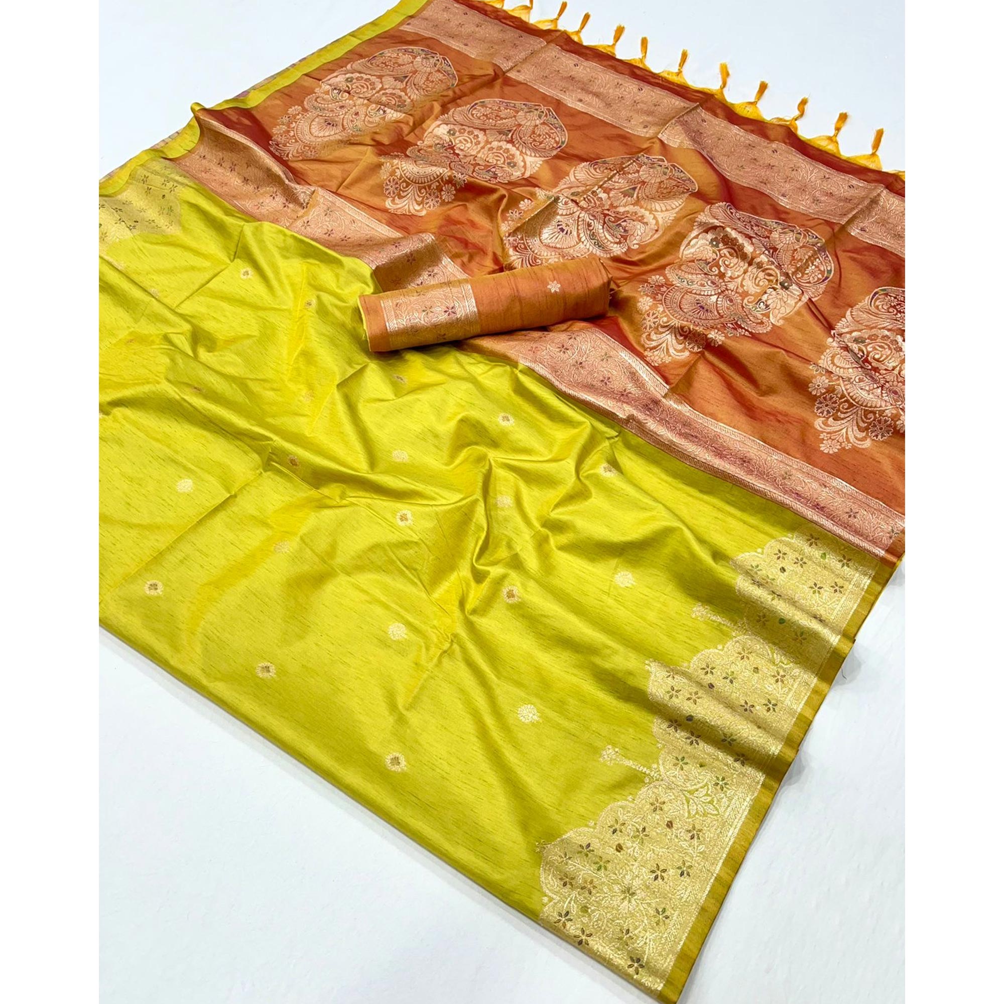 Mustard Floral Zari Woven Tussar Silk Saree