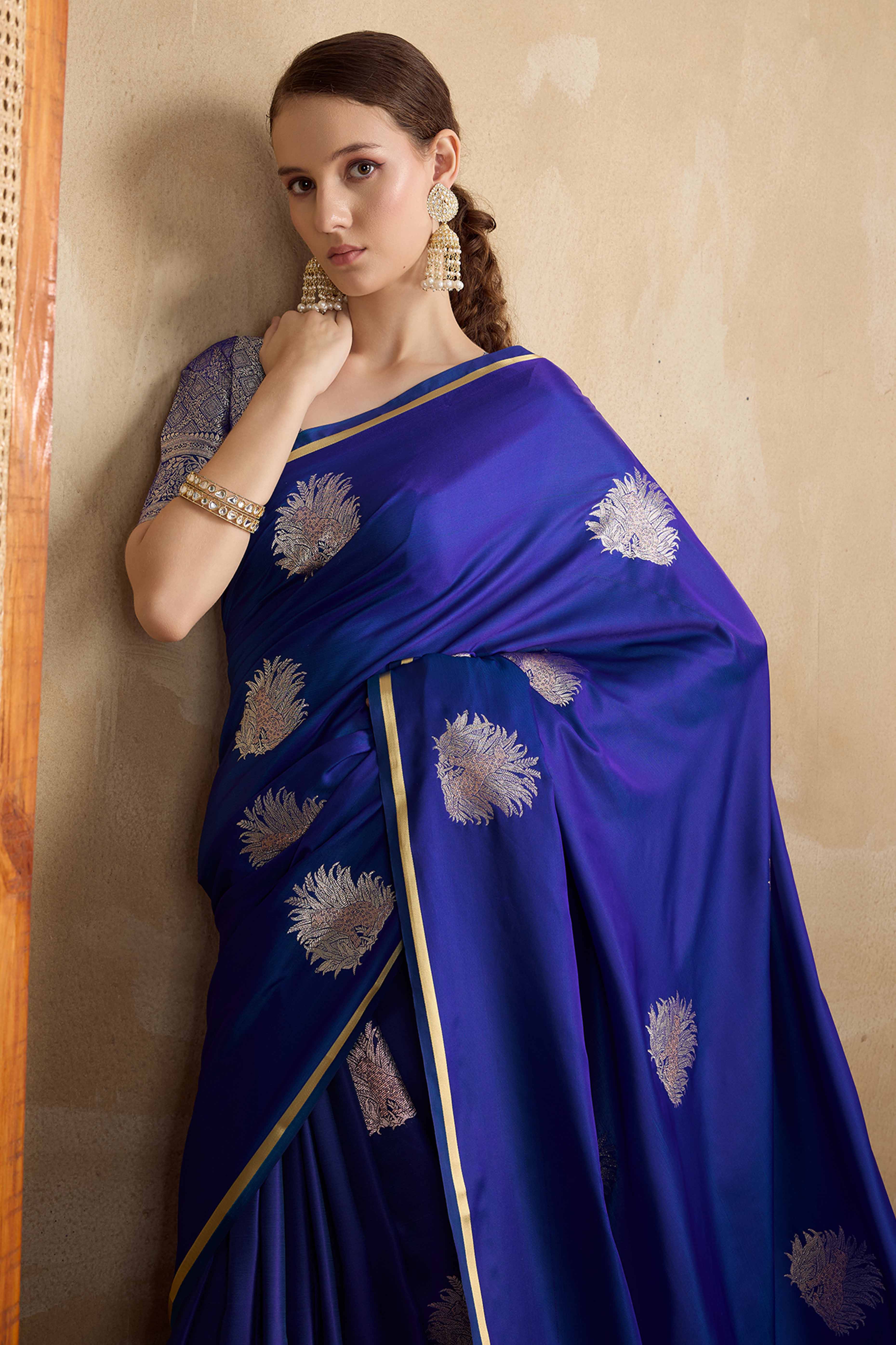 Blue Satin Saree Featuring Intricate Handloom Weaving
