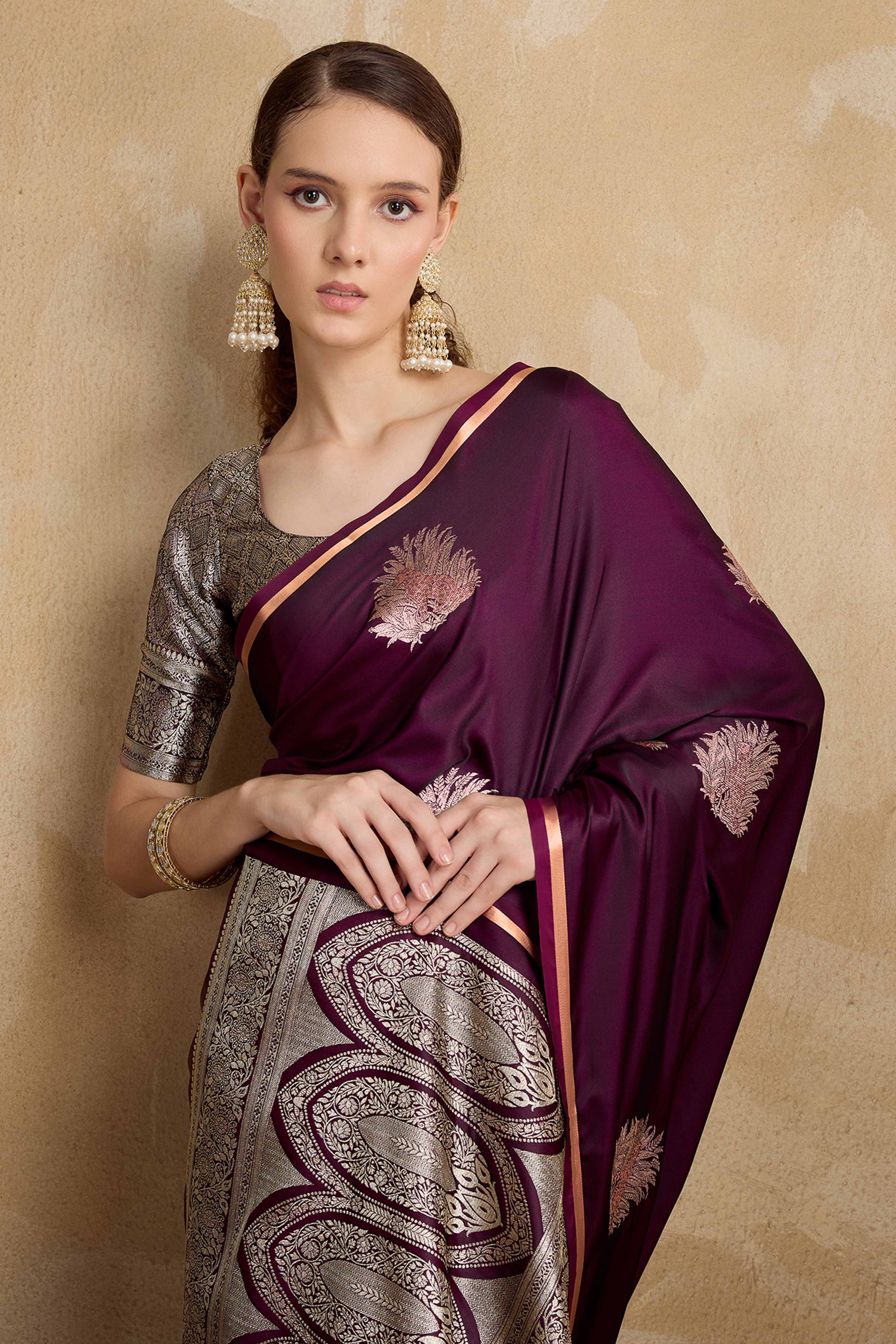 Wine Satin Saree Featuring Intricate Handloom Weaving