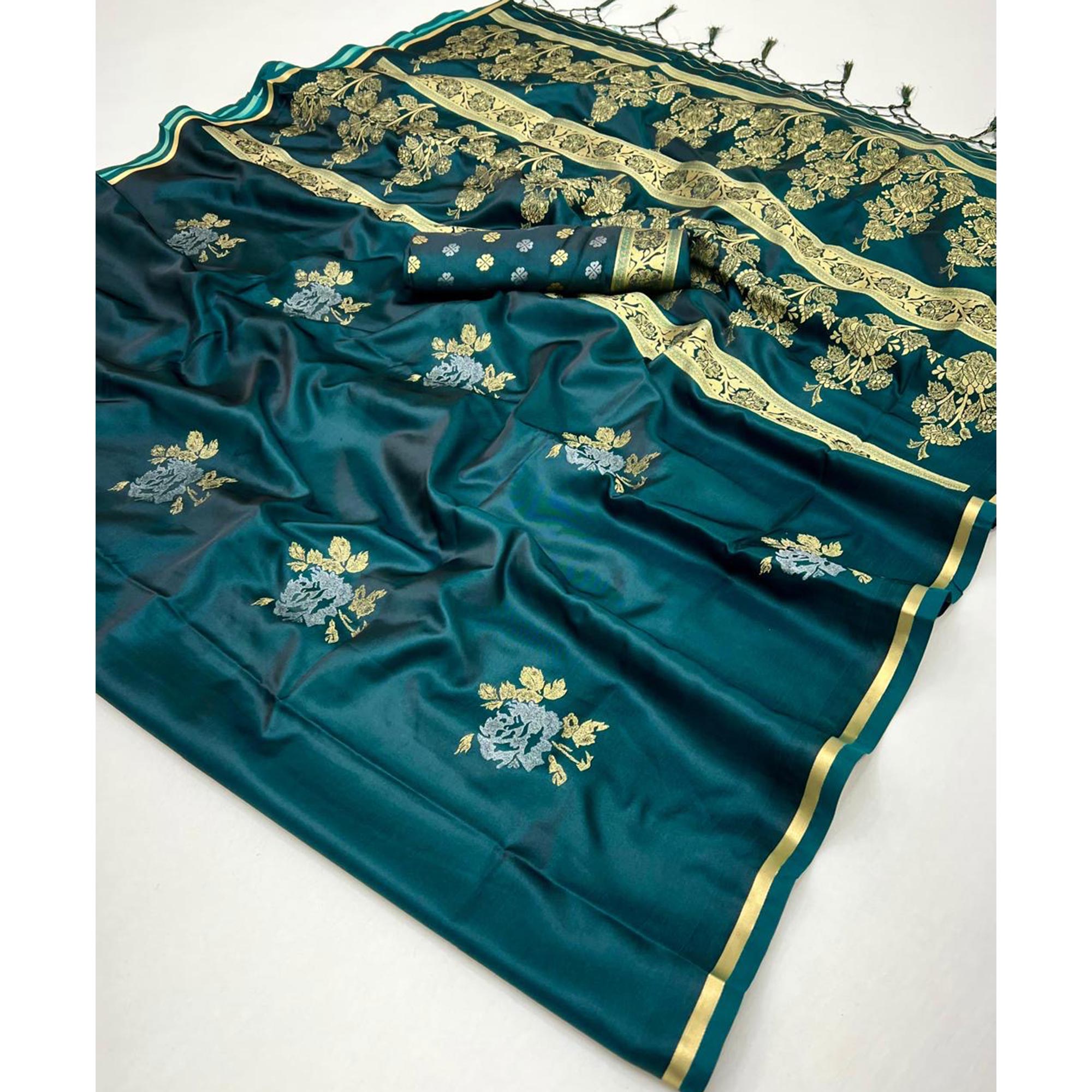 Emerald Green Satin Saree with Zari Weaving and Tassel Detailing