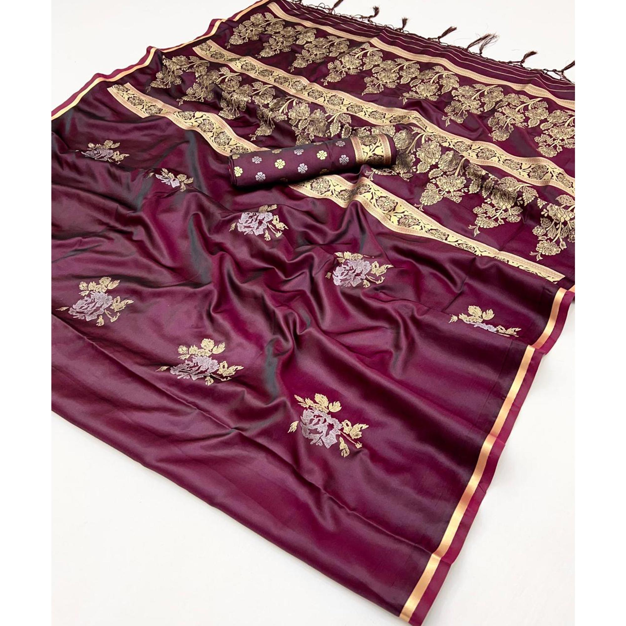 Burgundy Satin Saree with Zari Weaving and Tassel Detailing