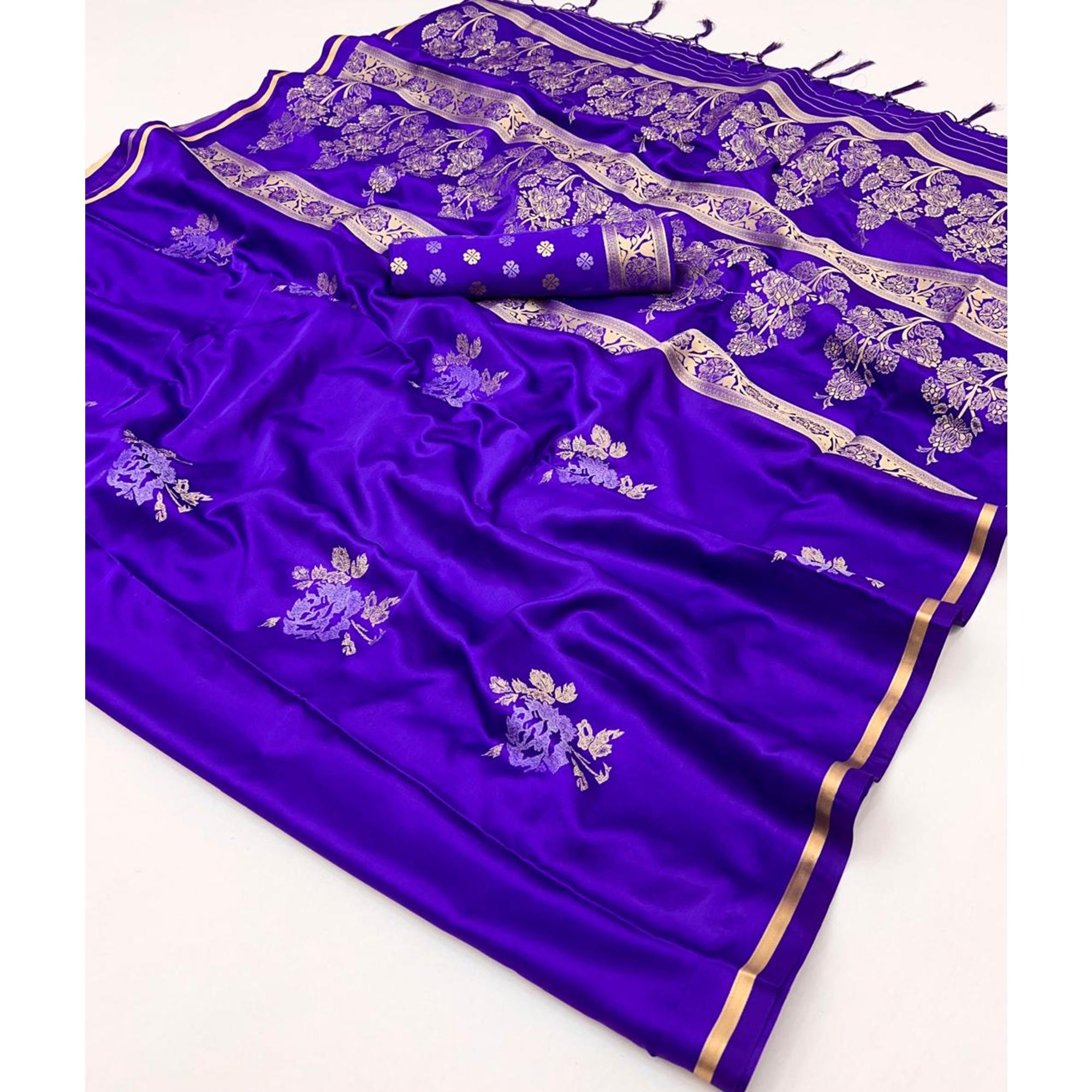 Purple Satin Saree with Zari Weaving and Tassel Detailing