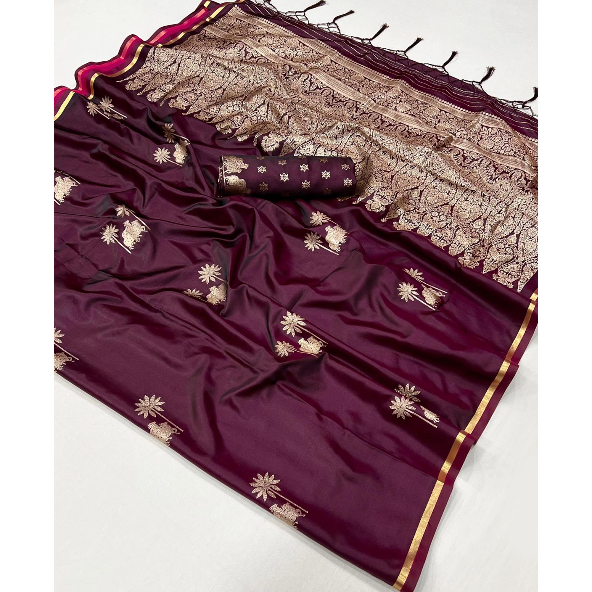 Wine Floral Zari Weaving Satin Saree