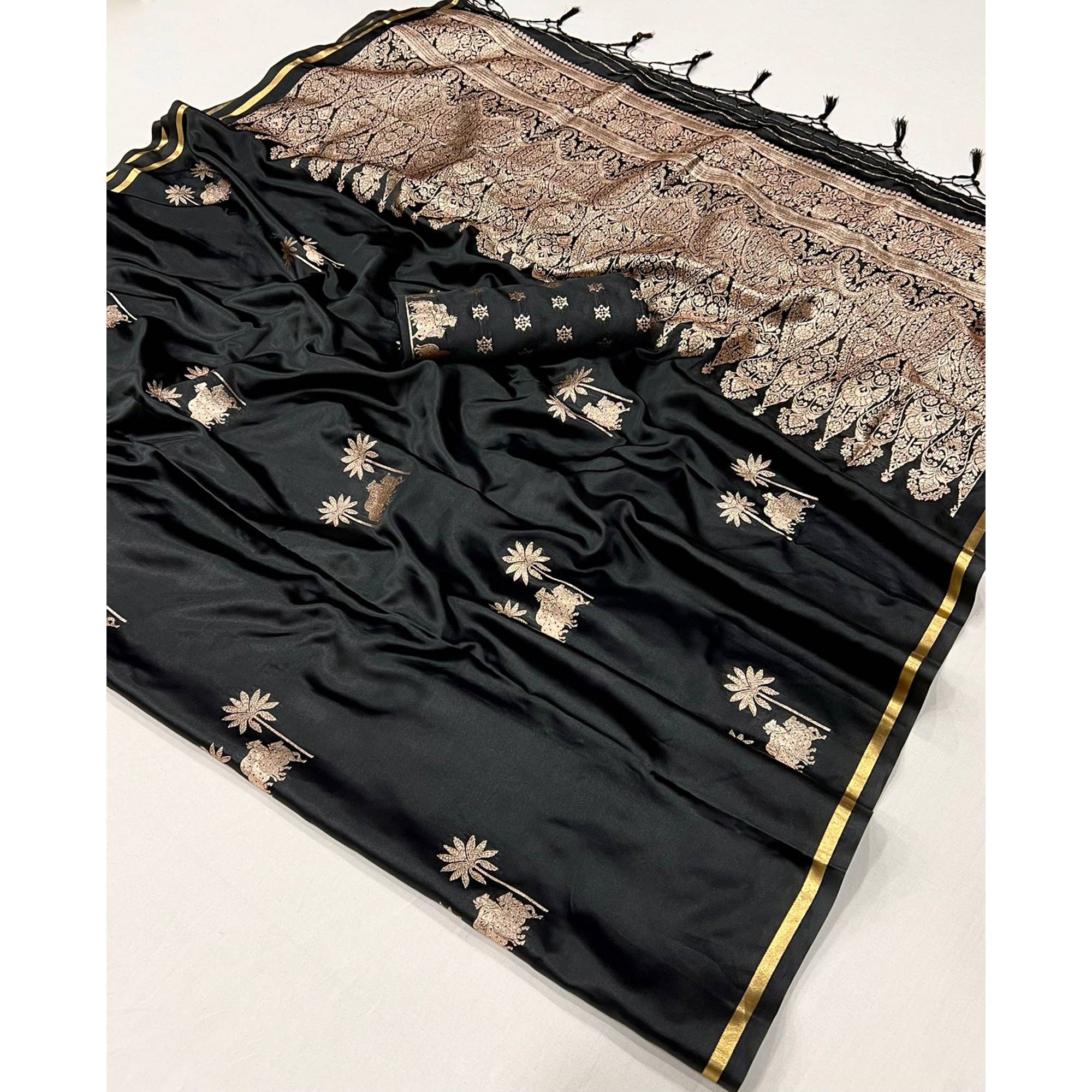 Black Floral Zari Weaving Satin Saree