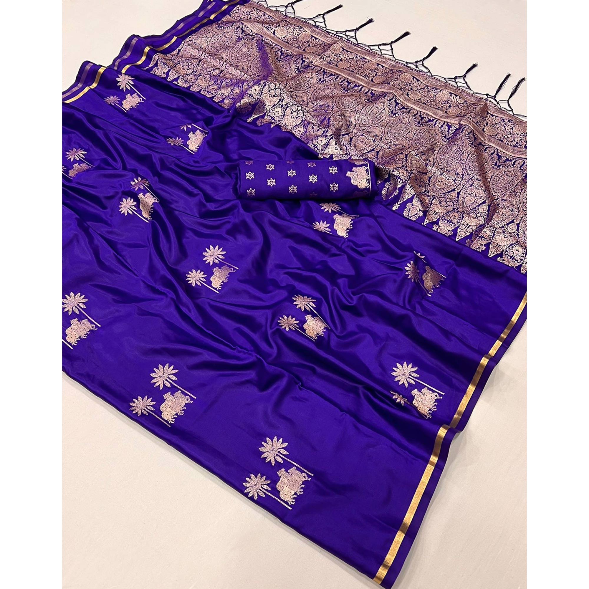 Violet Floral Zari Weaving Satin Saree