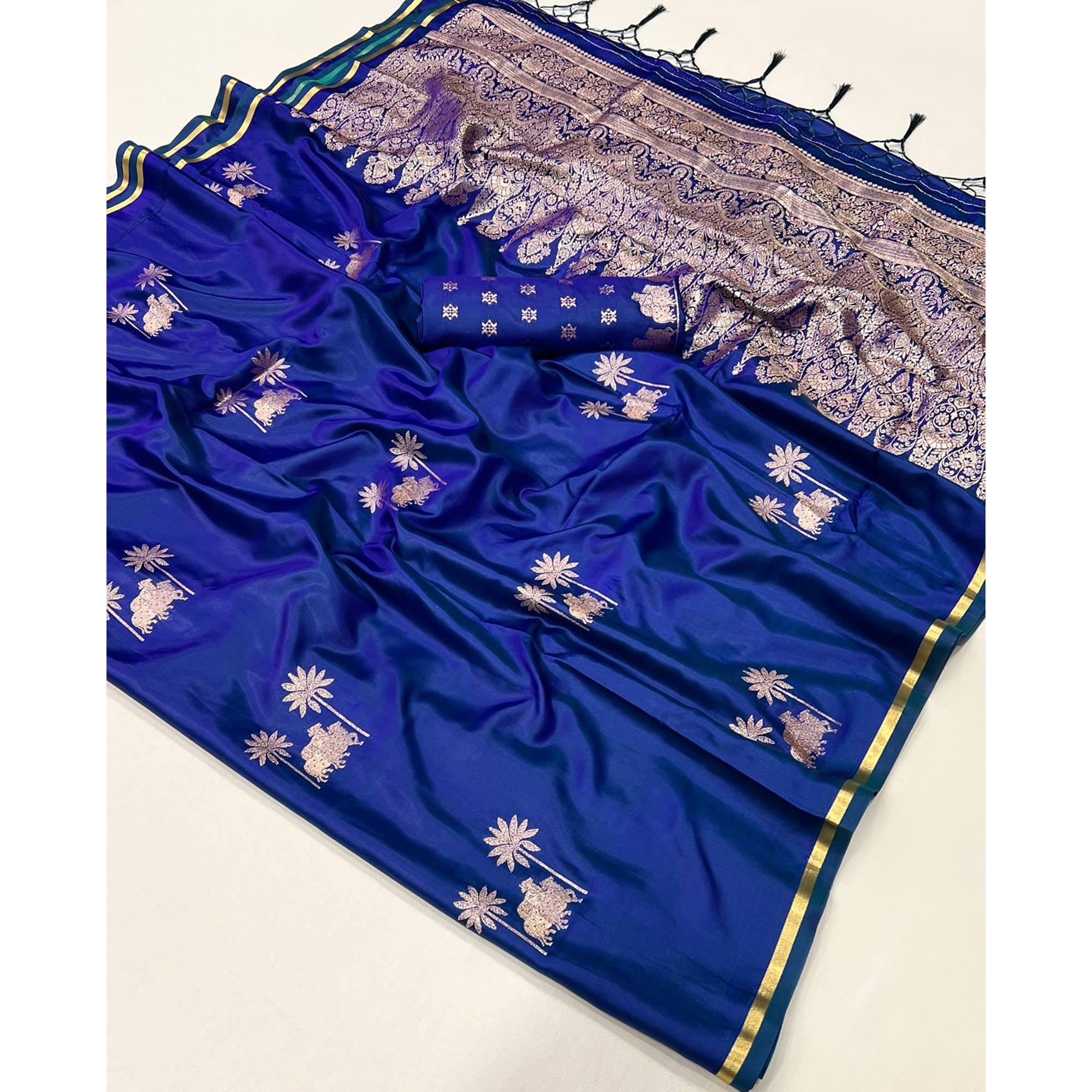 Blue Floral Zari Weaving Satin Saree