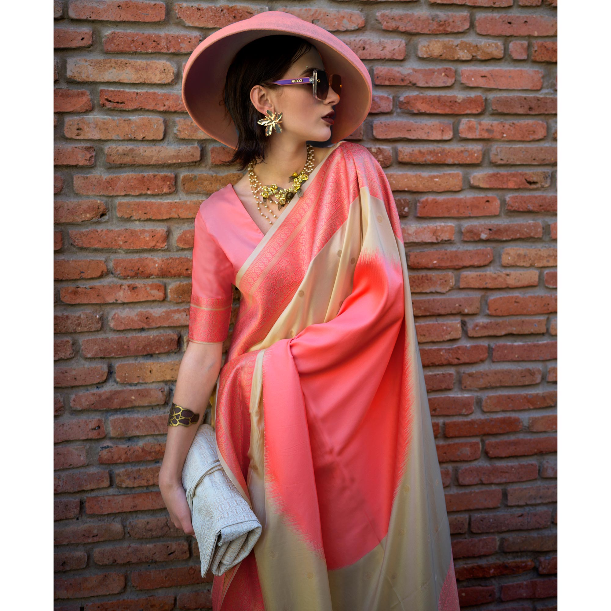 Beige & Peach Zari Butti Work Banarasi Silk Saree