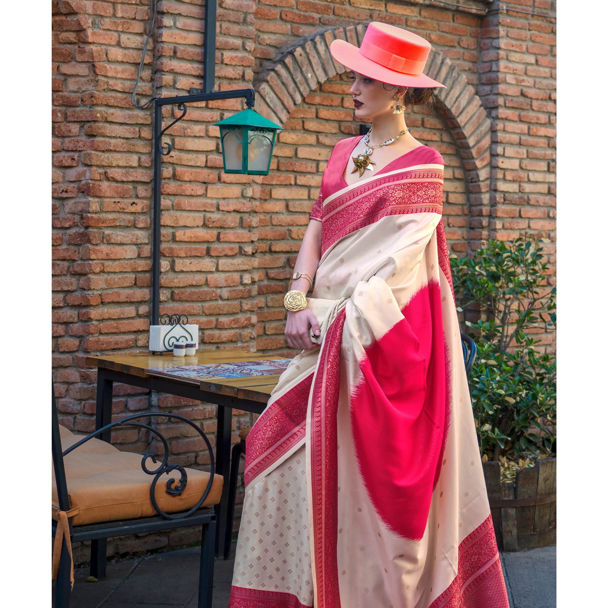 Cream & Red Zari Butti Work Banarasi Silk Saree