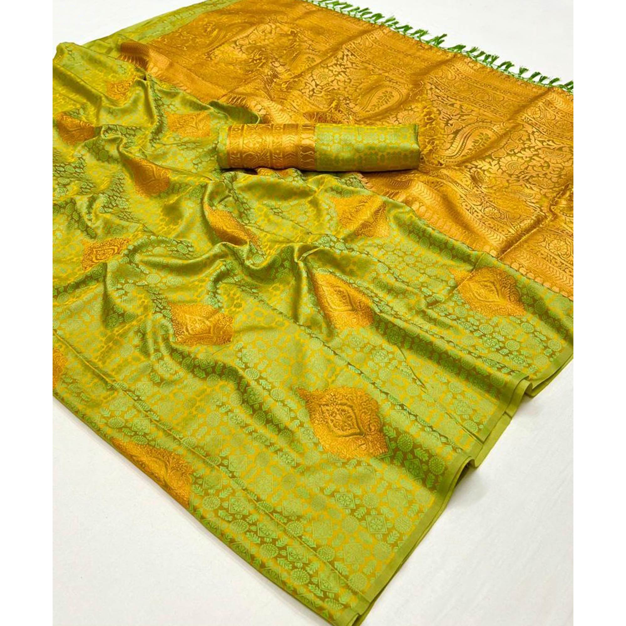 Green Woven Satin Two Tone Saree