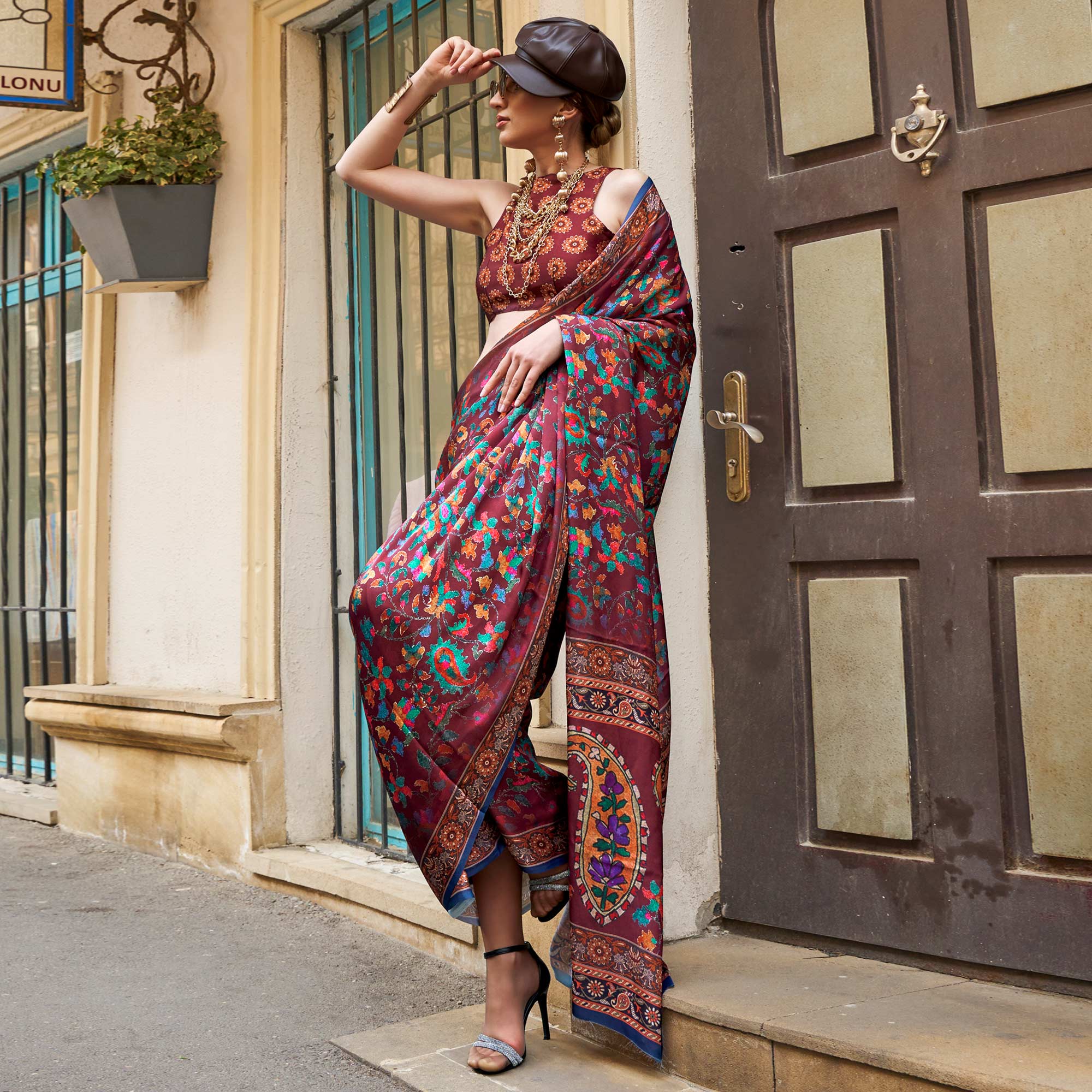 Maroon Floral Digital Printed Satin Saree