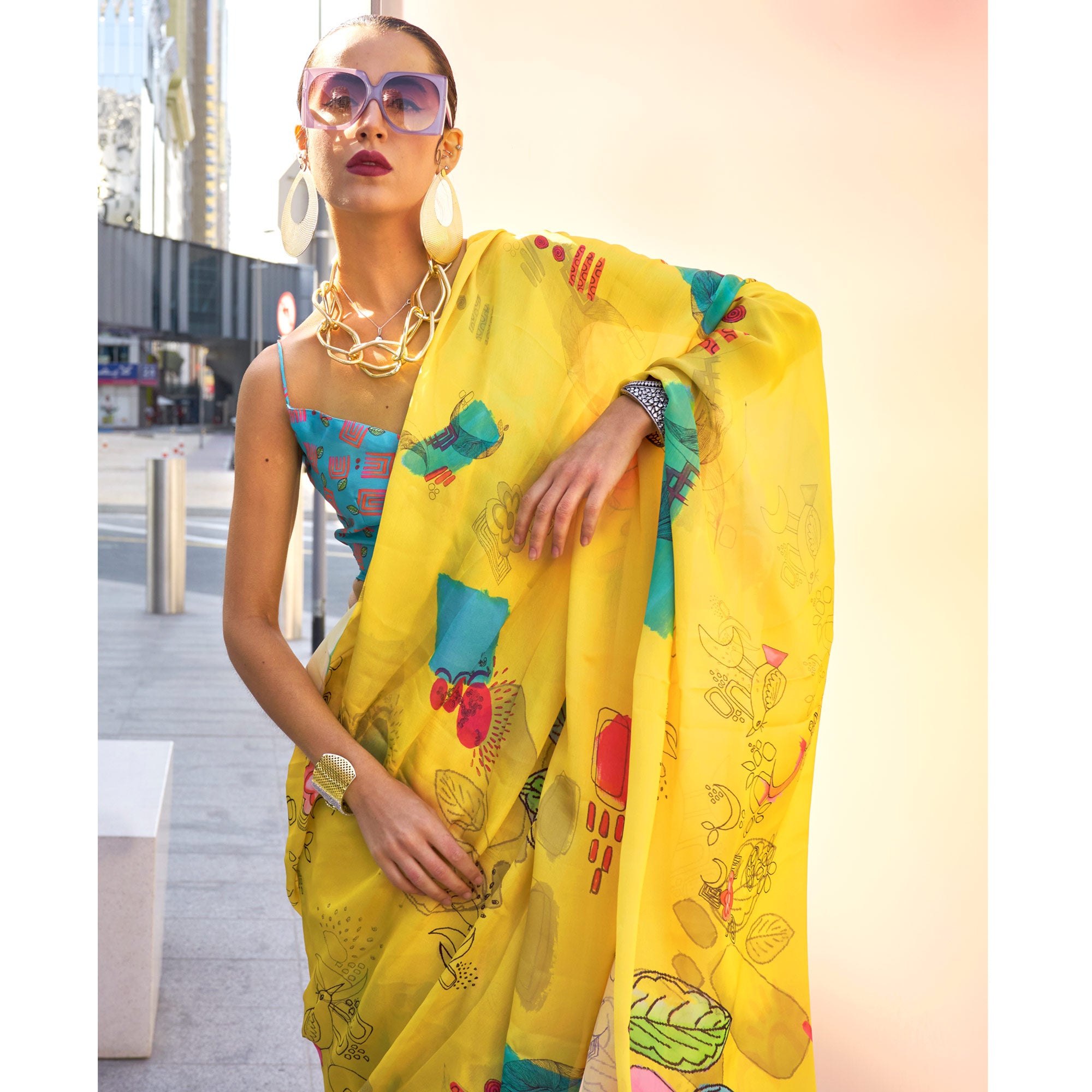 Yellow Floral Digital Printed Satin Saree