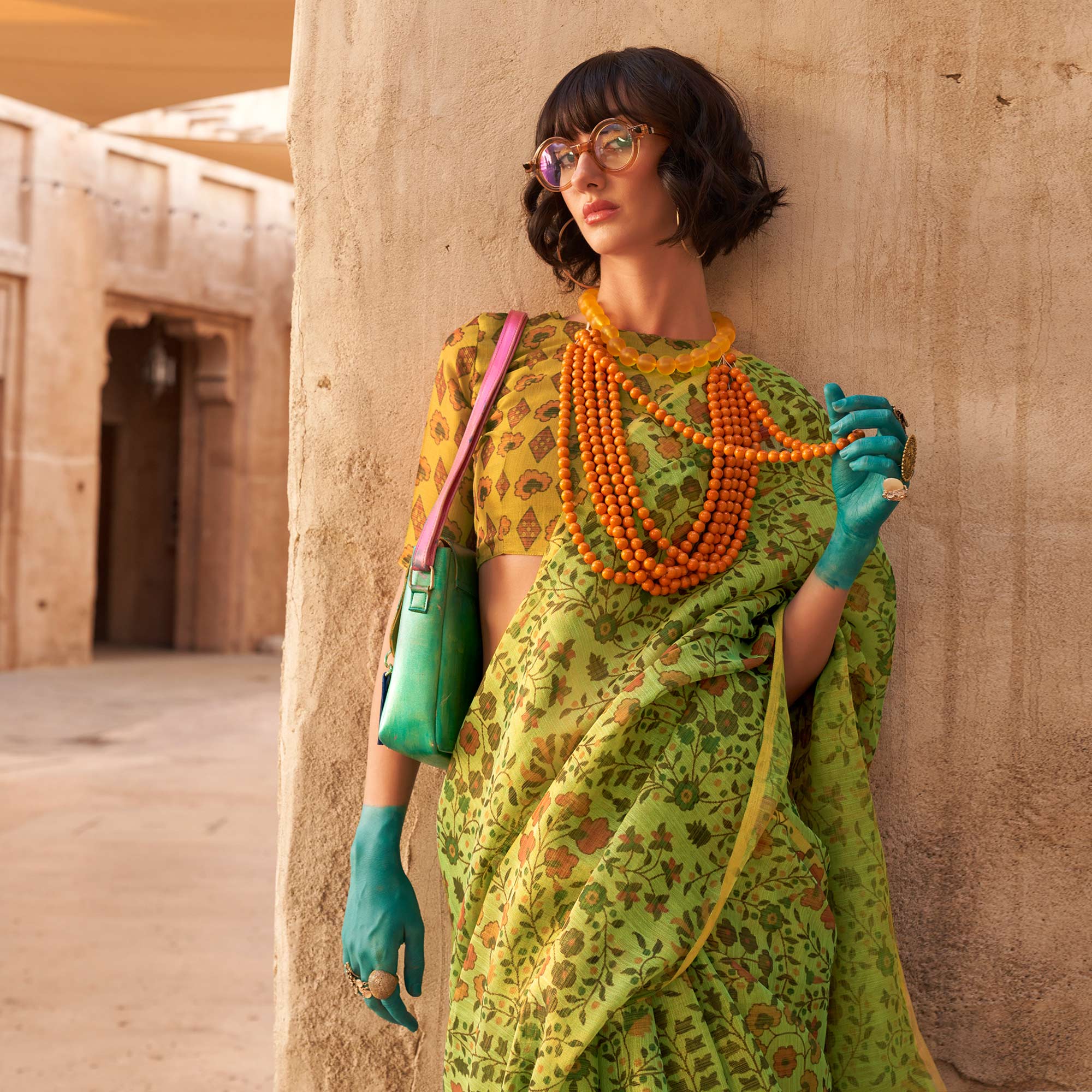 Green Floral Printed Tissue Saree With Tassels