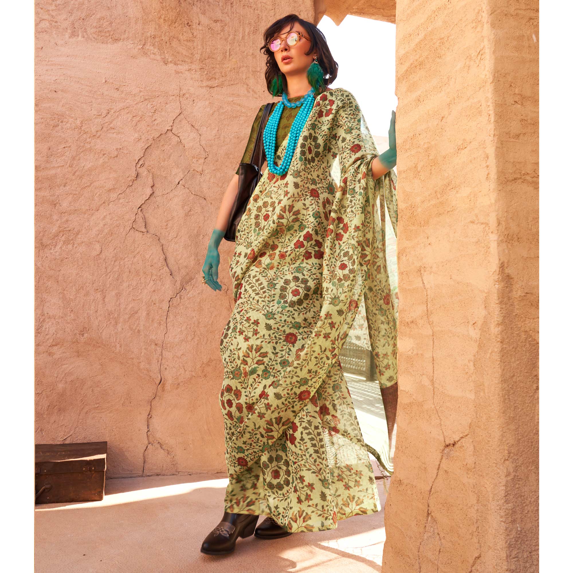 Beige Floral Printed Tissue Saree With Tassels