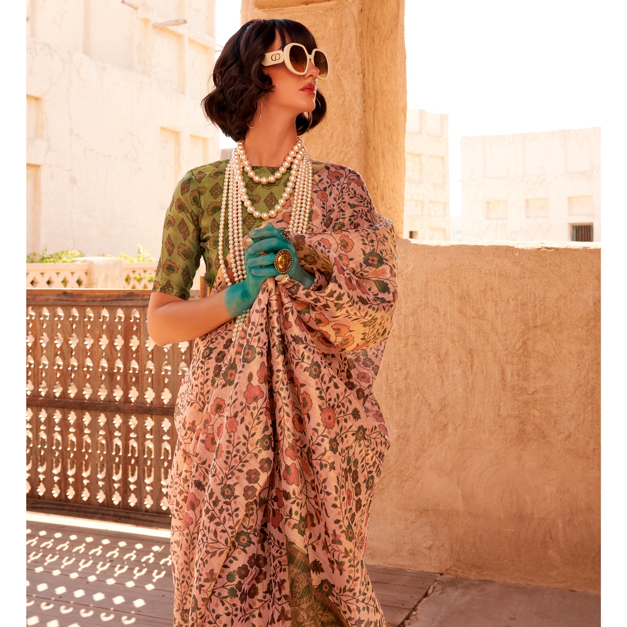 Peach Floral Printed Tissue Saree With Tassels