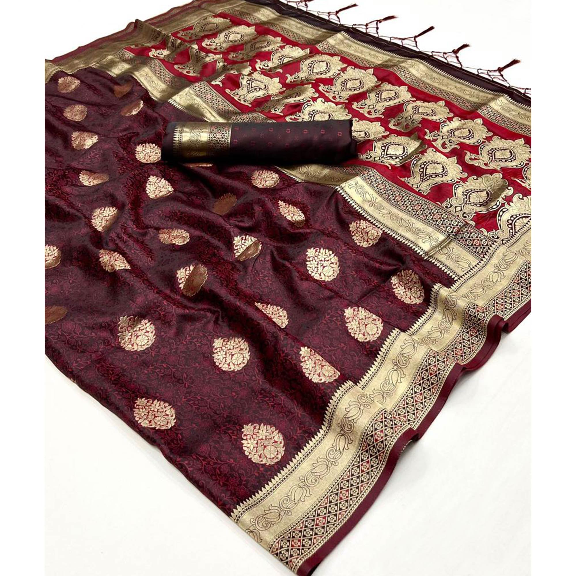 Maroon Floral Woven Satin Saree With Tassels