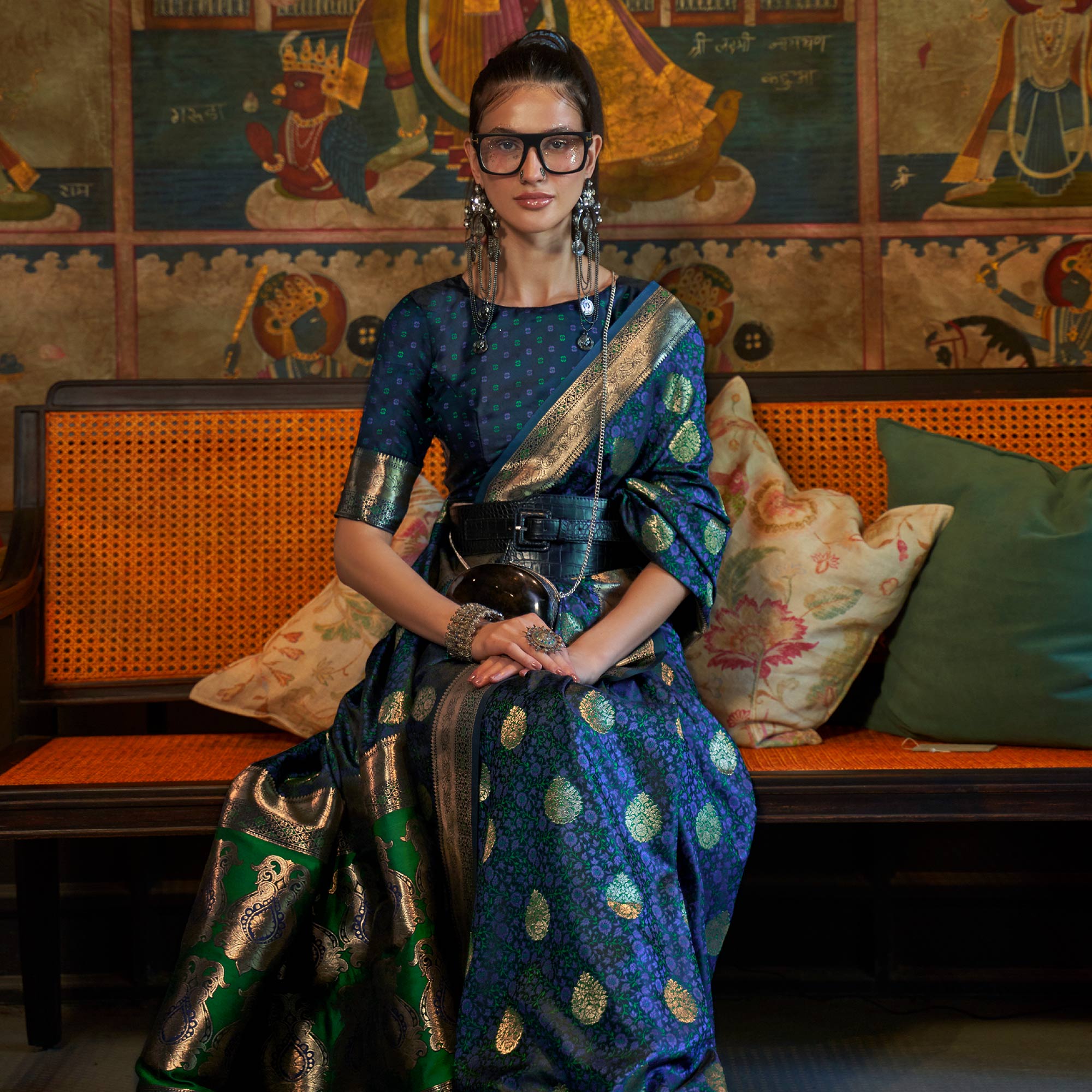 Teal Blue Floral Woven Satin Saree With Tassels