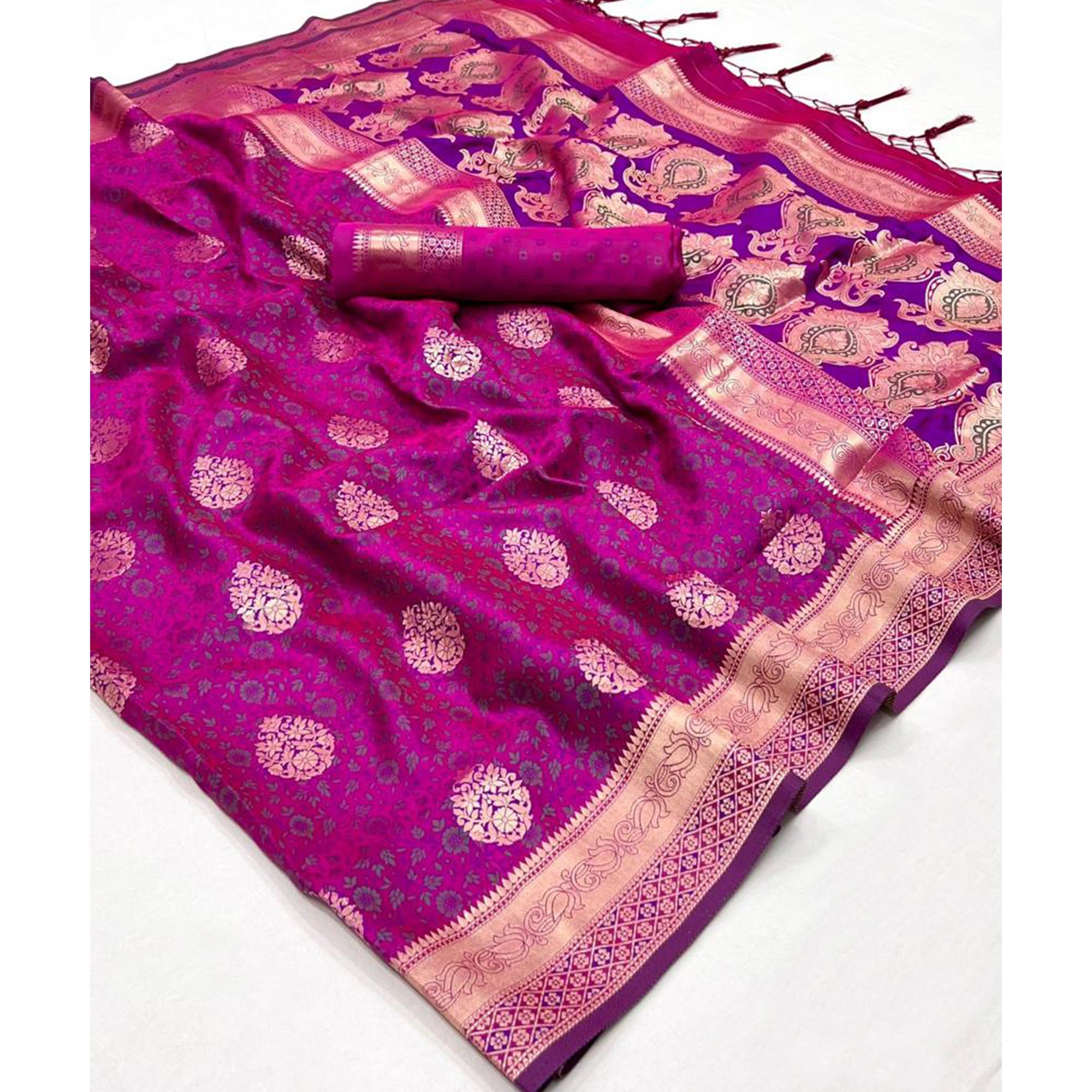 Purple Floral Woven Satin Saree With Tassels