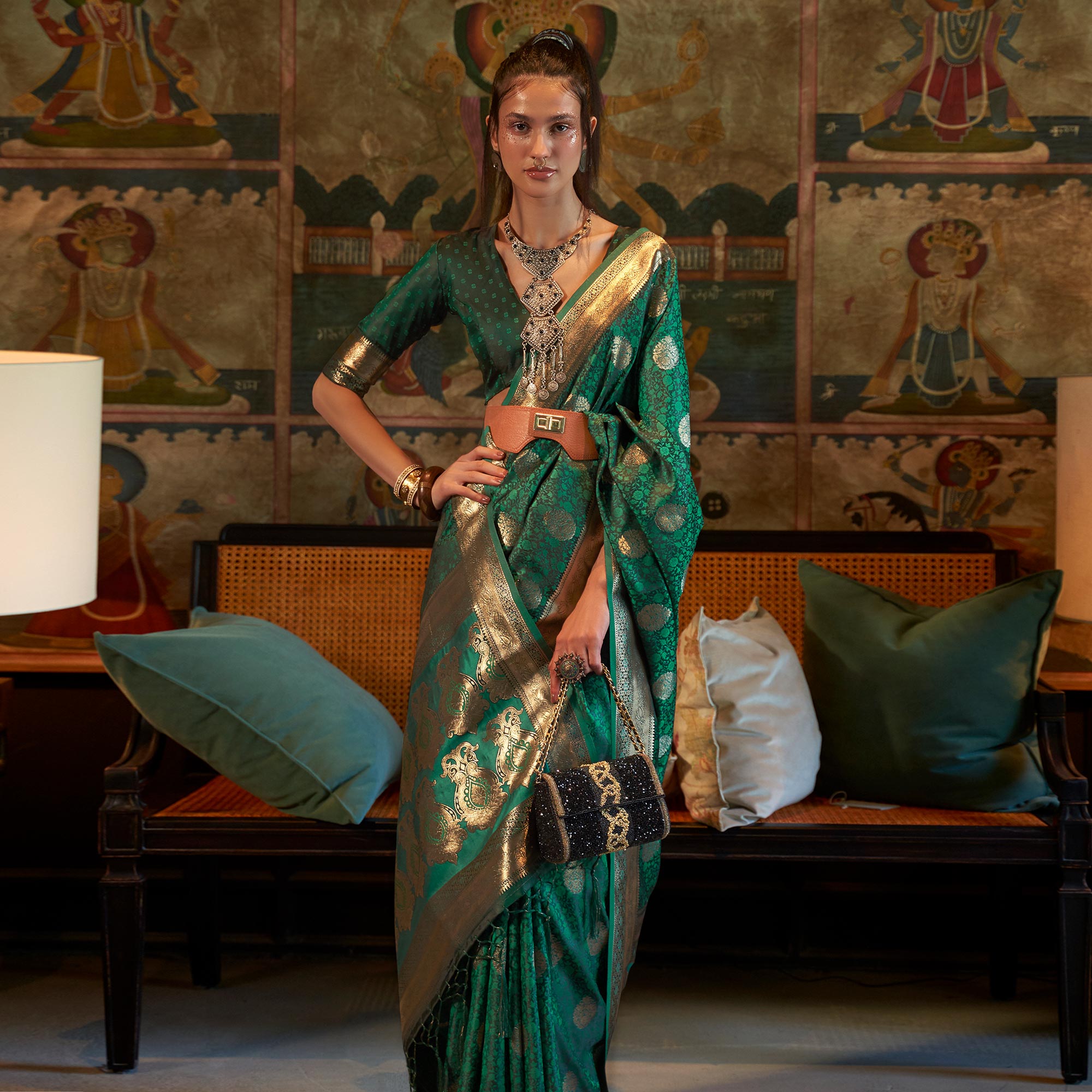 Green Floral Woven Satin Saree With Tassels