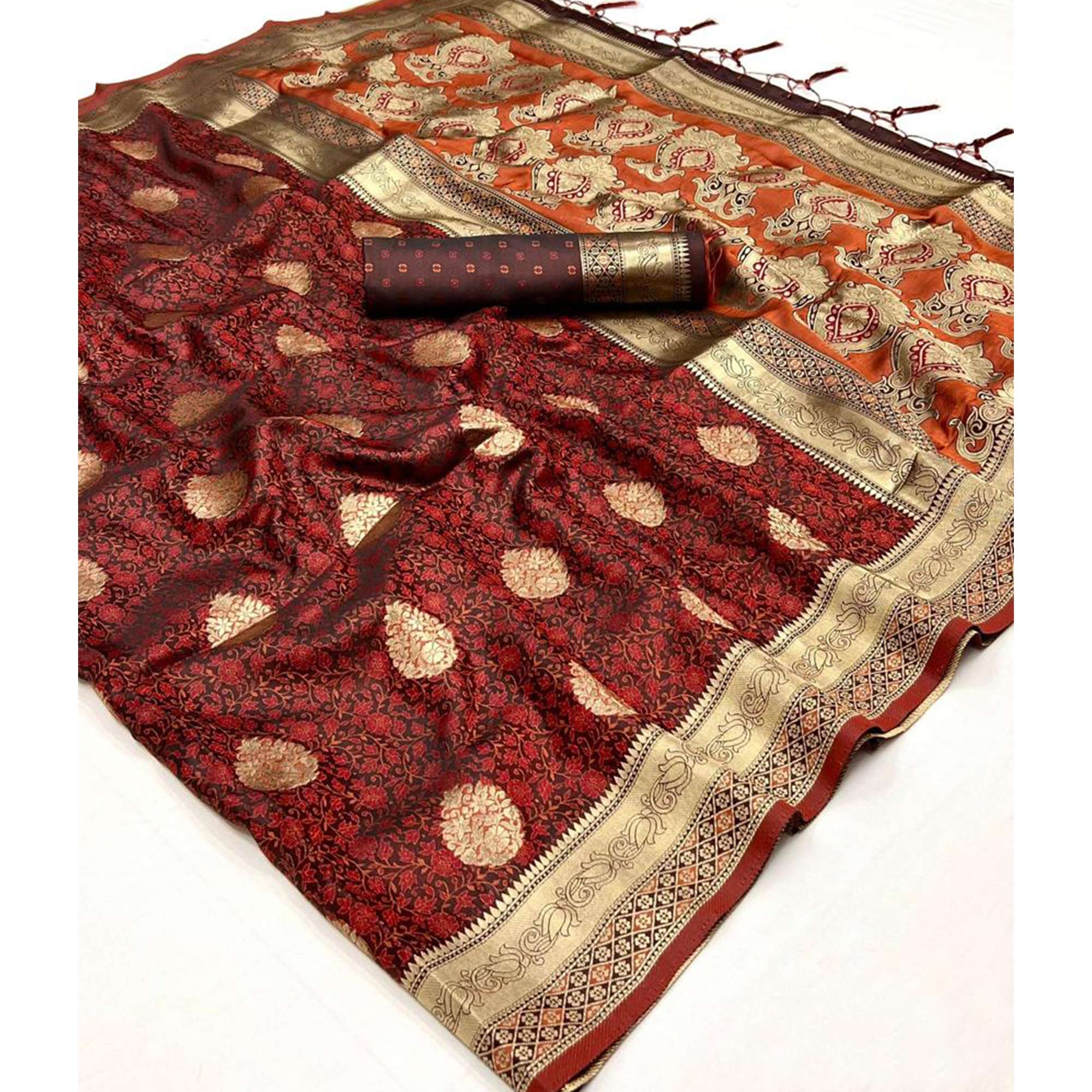 Brown Floral Woven Satin Saree With Tassels